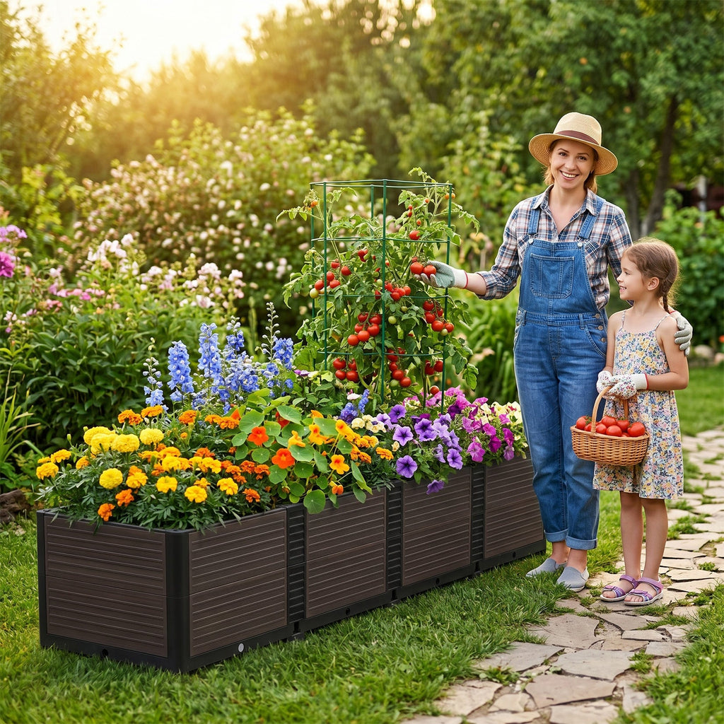 Garvee Modular Raised Garden Bed for Patio and Balcony, 5-Unit PP Self-Watering Planter with Legs and Drainage Plugs, Black and Brown