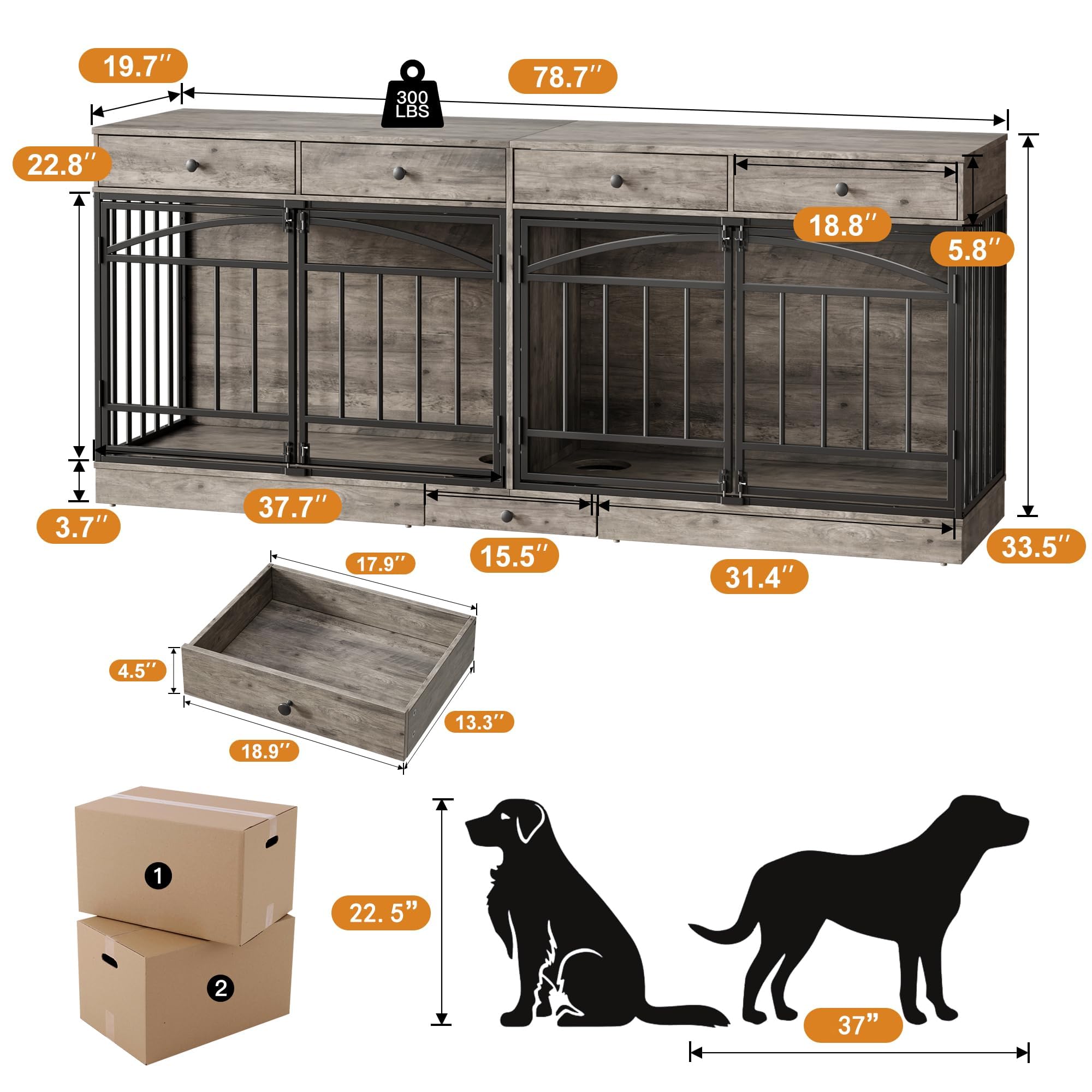 Garvee 78.7" Double Dog Crate Furniture with Storage and 4 Doors, Dog Kennel Indoor with Feeding Bowls, Wood Dog Crate TV Stand for Small Medium Dogs, Gray