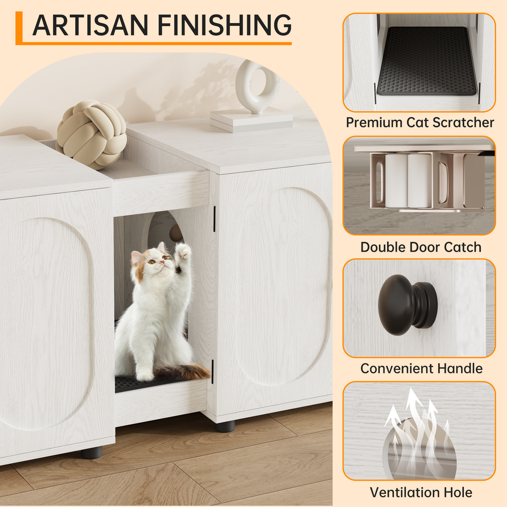 Garvee Cat Litter Box Enclosure, 55.1" Double Litter Box Furniture Large Cat Box Enclosure Kitty Litter Box for 2 Cats Hidden Cat Litter Cabinet Double Cage with Cat Litter Pad, White | Oval