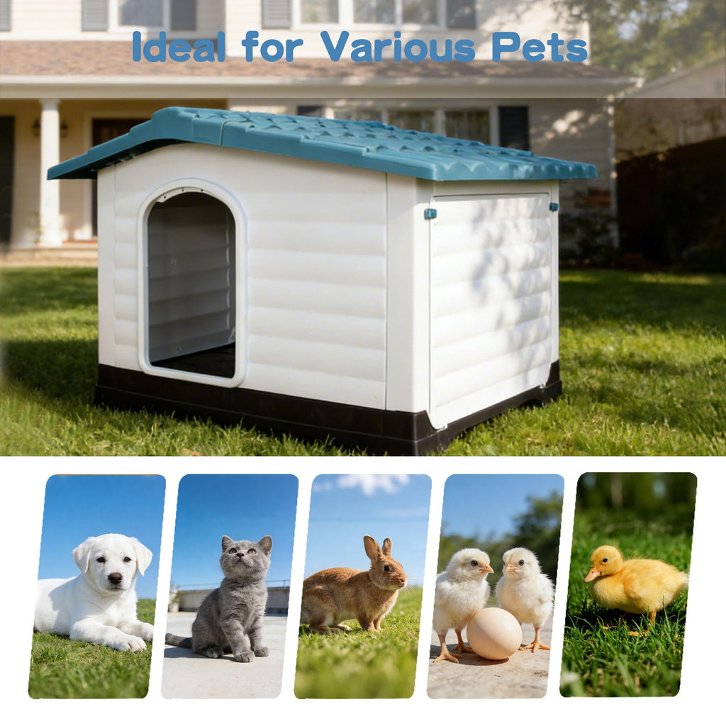 Garvee 2-Door Large Dog House for Indoor and Outdoor Dog House with Fold-Out Porch Elevated Base, Waterproof Pet House for Small and Medium Dogs, Easy Assembly, Blue (38''L x 26''W x 31''H)