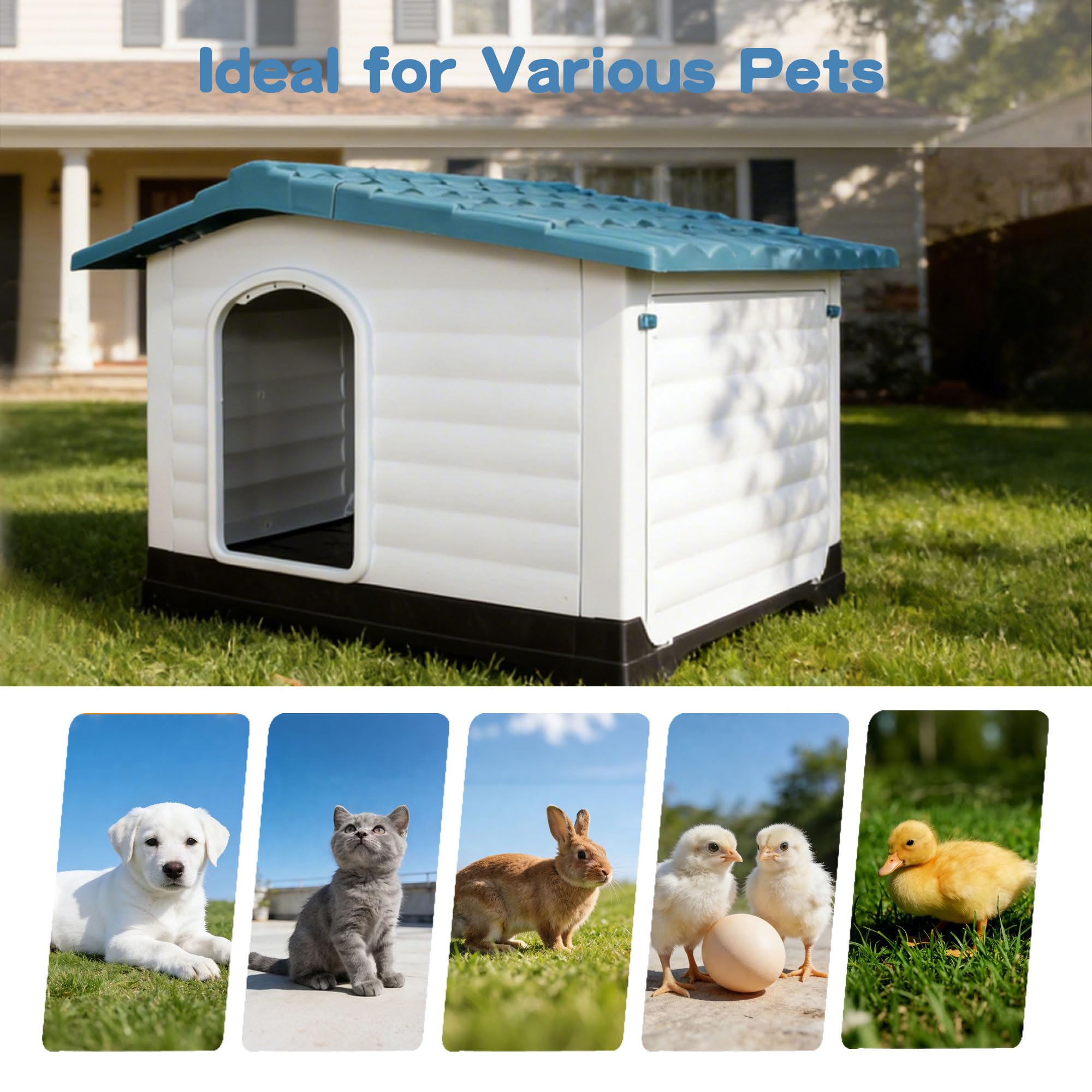 Garvee 2-Door Large Dog House for Indoor and Outdoor Dog House with Fold-Out Porch Elevated Base, Waterproof Pet House for Small and Medium Dogs, Easy Assembly, Blue (38''L x 26''W x 31''H)
