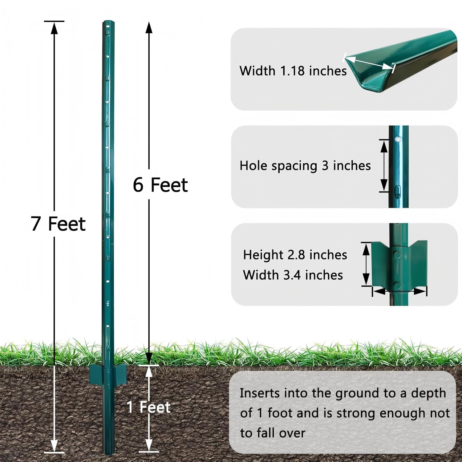 Garvee 7Ft U-Channel Metal Fence Posts, Heavy Duty Steel Garden Stakes with Anchor Plates for Outdoor Yard, Green, 10-Pack