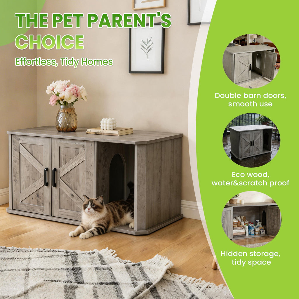 Garvee Modern Wooden Cat Litter Box Furniture – Double-Door Hidden Washroom Cabinet with Side Entry – Easy to Clean, Odor Resistant – Large Cat House End Table – Gray Color