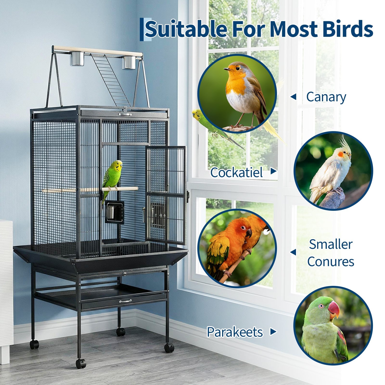 Garvee 60"h Large Bird Cage, Rolling Play Top Parakeet Cage, Big Bird Cages for Parrots, Parakeets, Cockatiels, Conures, Budgie, Lovebird