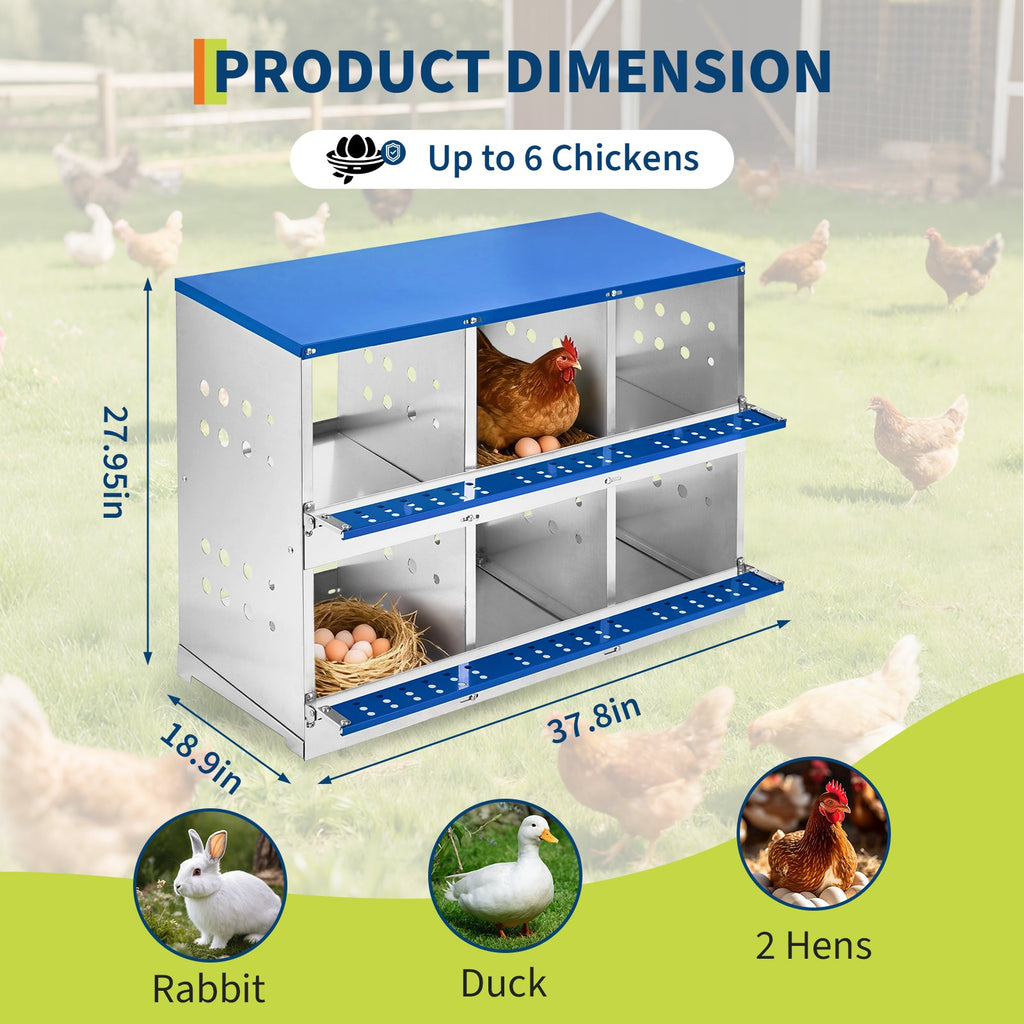 Garvee Heavy Duty 6-Compartment Metal Chicken Nesting Box – Galvanized Steel, Rollaway Egg Collection, Ventilated, Rustproof, Wall-Mounted or Floor, Easy Clean – Space-Saving Hen Layer for Poultry Coop – Without Cover, Blue, 96×48×71cm