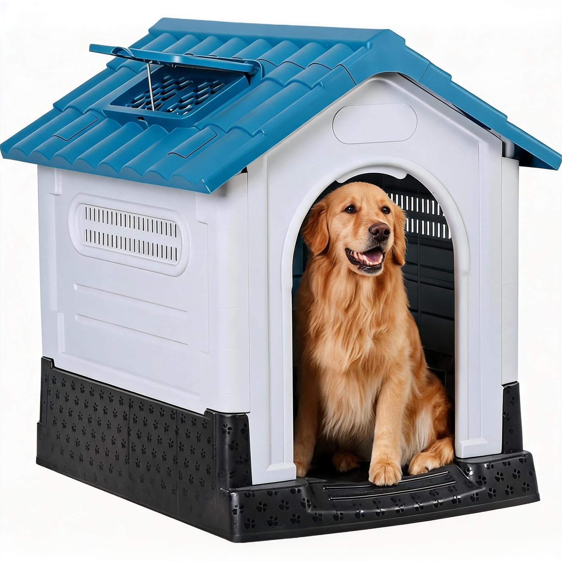 Garvee X-Large Dog House Outdoor with Air Vents and Elevated Floor for Medium Large Dogs, Plastic Waterproof Doghouse Sloping Roof, Easy Clean and Assemble, Blue