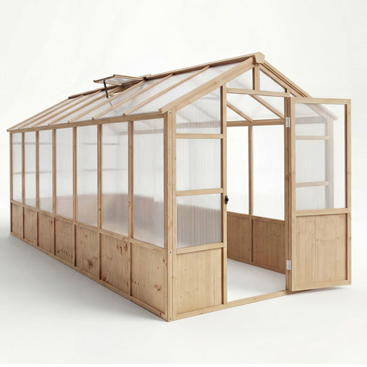 Garvee 8' x 14' Wooden Walk-In Greenhouse Kit, Outdoor Green House with Natural Spruce Wood Frame, Polycarbonate Panels, Ventilated Windows & Lockable Door for Garden, Backyard, Patio & Lawn