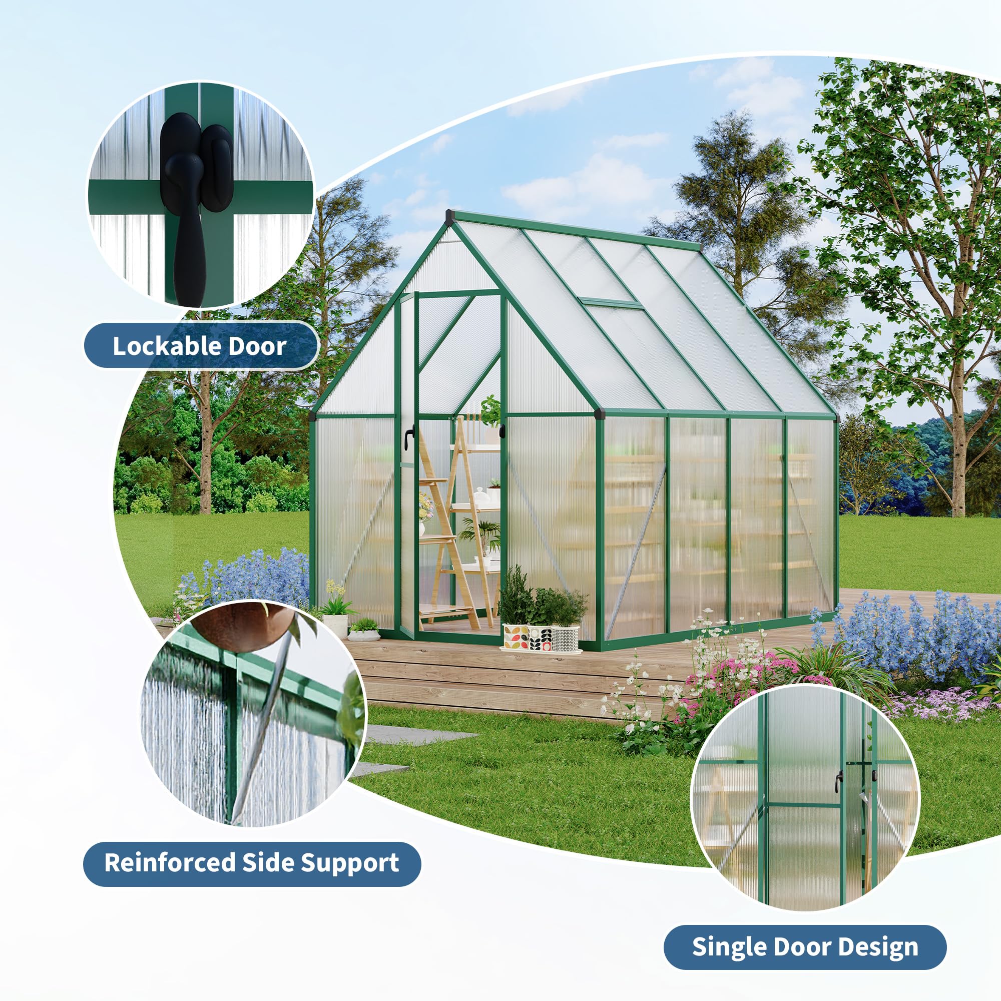 Garvee 6 × 7 FT Polycarbonate Greenhouse, Walk-In Outdoor Plant House with 4 mm Twin-Wall Panels, Aluminum Frame, Lockable Sliding Door, Roof Vent and Rain Gutters, Green