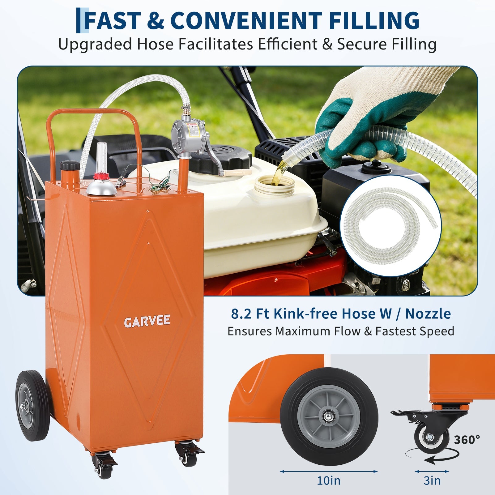 Garvee 35 Gallon Heavy-Duty Steel Fuel Caddy with Manual Rotary Pump – Mobile Gasoline & Fuel Injector Transfer Tank on Reinforced 4 All-Terrain Wheels – Portable Storage Container for Trucks, Boats, ATVs, Lawn Mowers, Farm Equipment – Orange – Reinforced