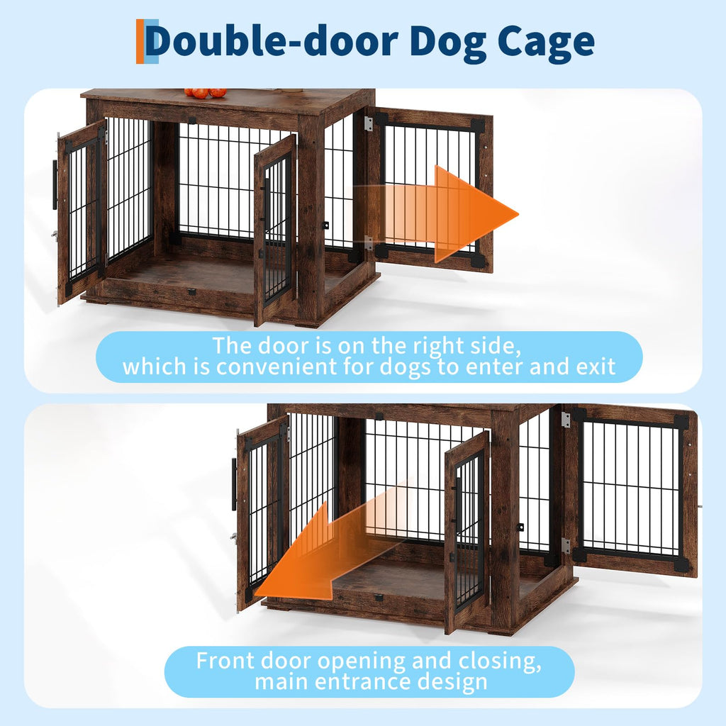 Garvee Medium Farmhouse Dog Crate Furniture End Table, Heavy Duty Wooden Kennel Cabinet with Double Doors for Small/Medium Dogs, Chew-Resistant Indoor Dog House Console for Living Room