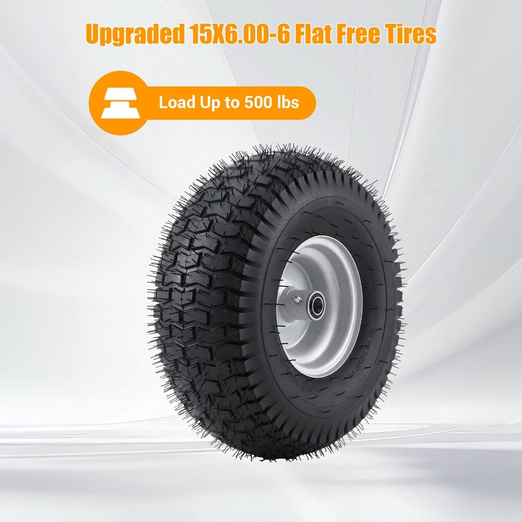 Garvee Flat Free Sturdy Lawn Mower Tire - 15x6.00-6 Heavy Duty 500 lbs Load - Puncture-Proof Polyurethane, Multiple Precision Ball Bearings, Centered Hub - Zero Turn Front Replacement Wheel for Outdoor Power Equipment, Easy Install - 2 Pack (15×6.00-6)