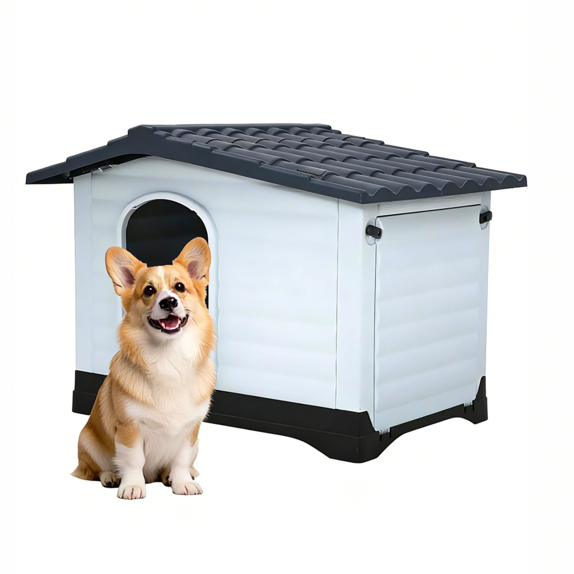 Garvee 2-Door Large Dog House for Indoor and Outdoor Dog House with Fold-Out Porch Elevated Base, Waterproof Pet House for Small and Medium Dogs, Easy Assembly, Gray (38''L x 26''W x 31''H)