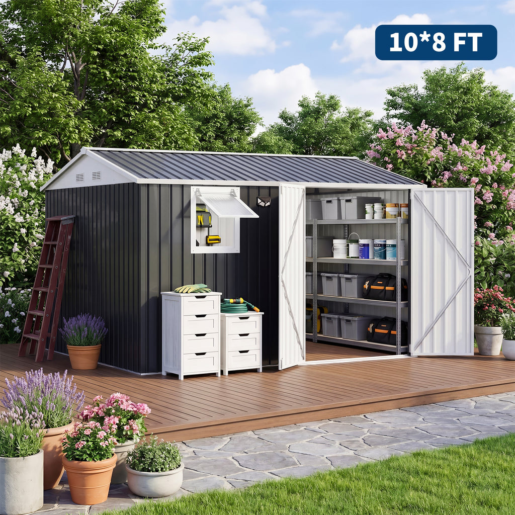 Garvee 10x8FT Black Metal Outdoor Storage Shed with Pushable Window, LED Light & Pegboard, Lockable Double Doors, Sloping Roof, Ventilation, Corrosion-Resistant Steel Garden Tool Shed for Patio, Backyard & Garage