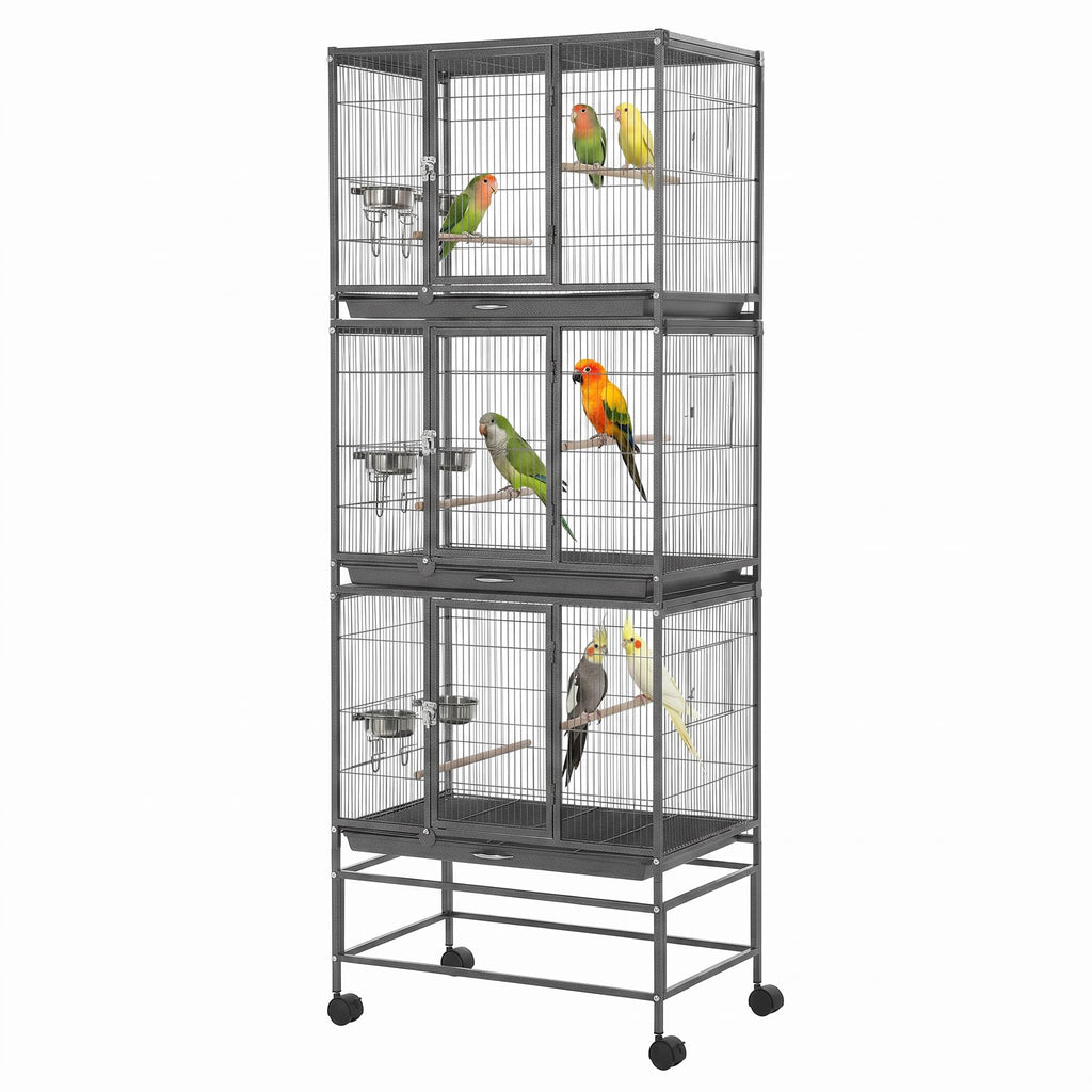 Garvee Heavy Duty Carbon Steel Bird Cage - 74 Inch Stackable Aviary with 3 Dividable Compartments, Removable Trays, Spacious Flight Enclosure for Parakeets, Cockatiels, Conures, Finches - Silver Black