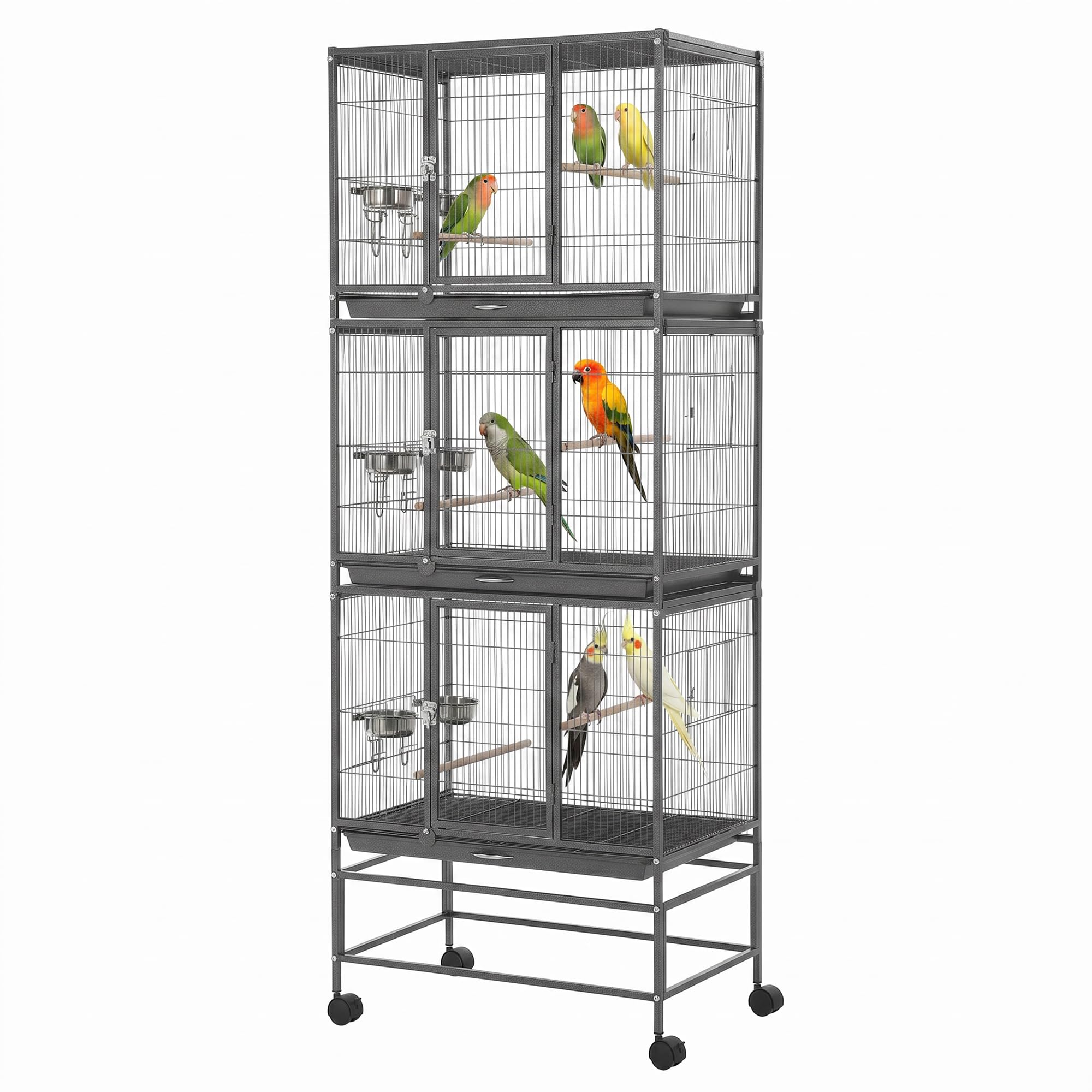 Garvee Heavy Duty Carbon Steel Bird Cage - 74 Inch Stackable Aviary with 3 Dividable Compartments, Removable Trays, Spacious Flight Enclosure for Parakeets, Cockatiels, Conures, Finches - Silver Black