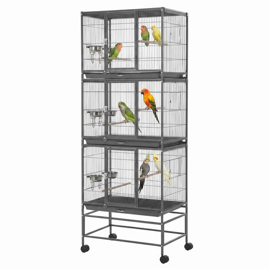 Garvee Heavy Duty Carbon Steel Bird Cage - 74 Inch Stackable Aviary with 3 Dividable Compartments, Removable Trays, Spacious Flight Enclosure for Parakeets, Cockatiels, Conures, Finches - Silver Black