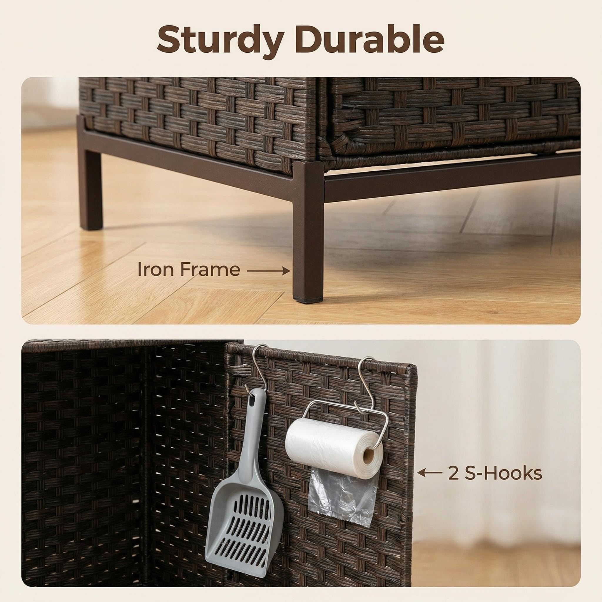 Garvee Handwoven Rattan Cat Litter Box Enclosure - Hidden Cat Washroom Cabinet with Door, Mat & S-Shaped Hooks - Spacious Stylish Cat Furniture for Living Room or Bedroom - Brown