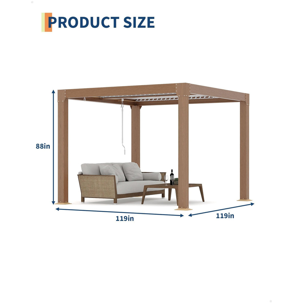 Garvee 10 x 10 FT Louvered Pergola, 0°–90° Adjustable Aluminum Roof Gazebo with Integrated Drainage, Reinforced Frame for Patio, Deck & Backyard, Wood Grain