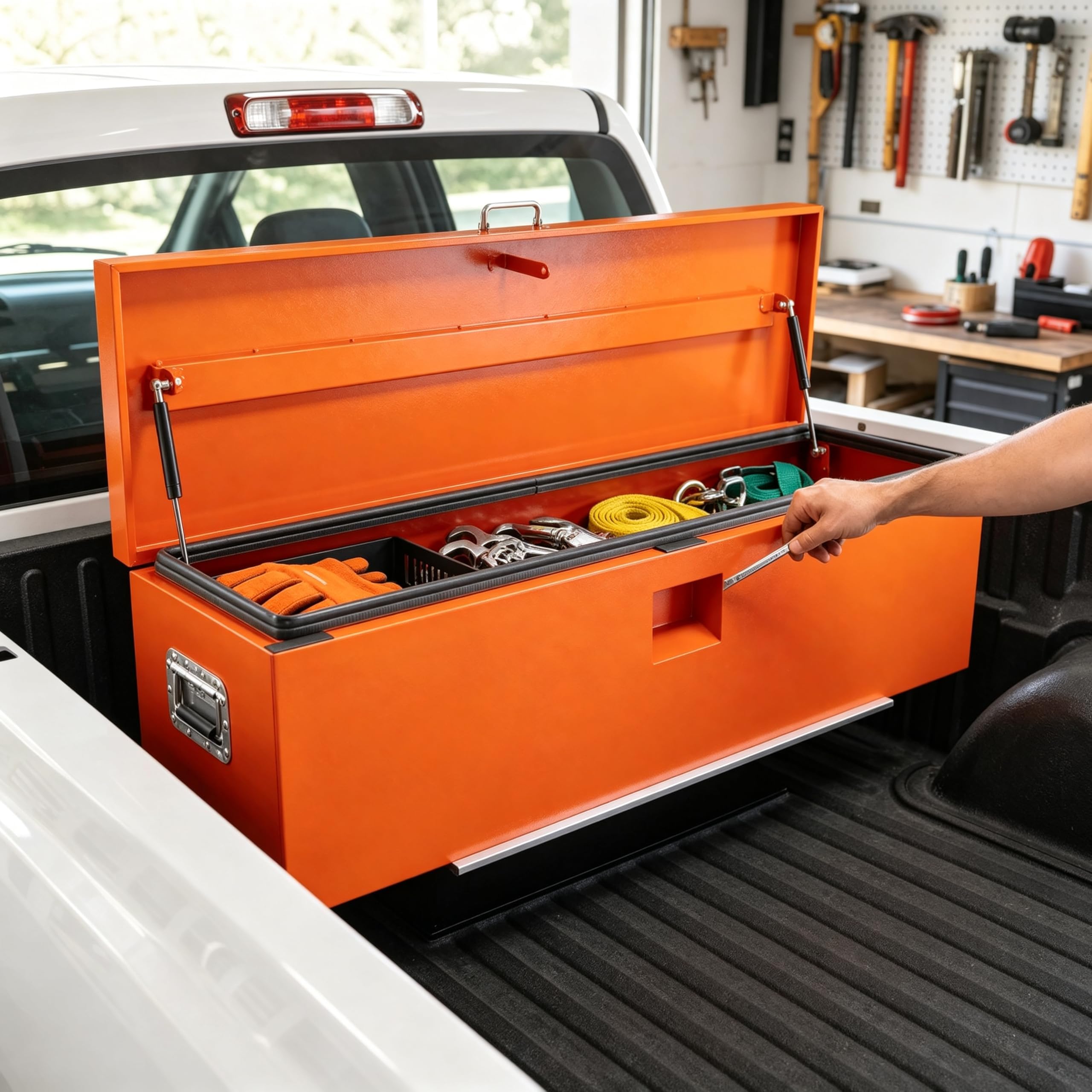 Garvee 30"X16"X14" Heavy Duty Lockable Steel Truck Bed Toolbox – Dual Lids, Weatherproof Powder-Coated, Front & Side Handles, Dual Gas Struts for Pickup, RV, Trailer, Orange