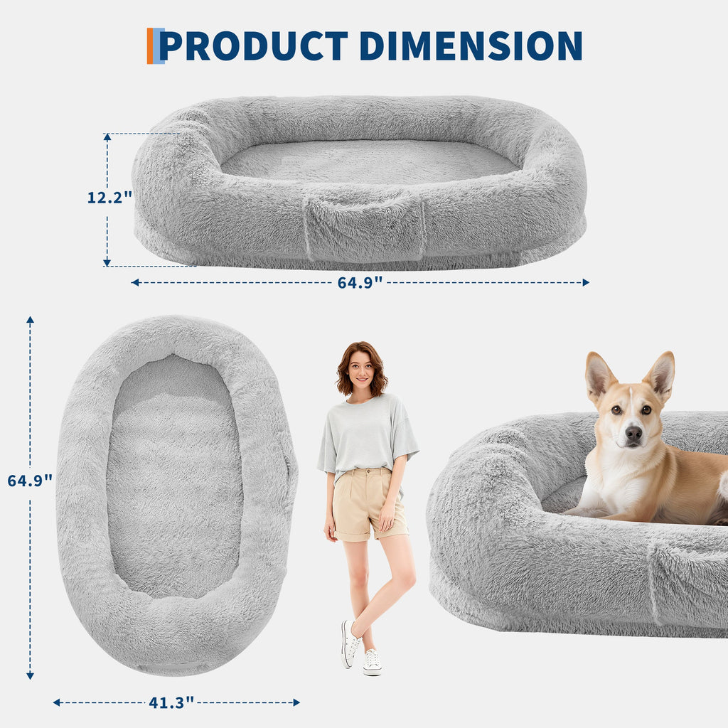 Garvee Orthopedic Memory Foam Dog Bed for Adults & Large Dogs – Oversized Calming Bean Bag Couch, Washable Faux Fur Cover, Side Pocket, Waterproof, Relaxing Nap Bed for Bedroom or Office – Light Gray