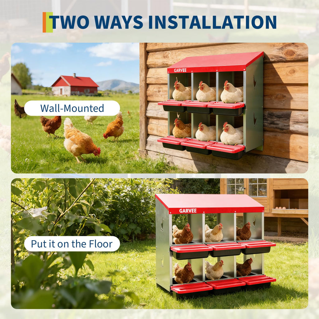 Garvee 6-Compartment Metal Chicken Nesting Box, Roll Away Poultry Laying Box with Sloped Anti-Perch Roof, 31.3"x12.8"x30.9", Red