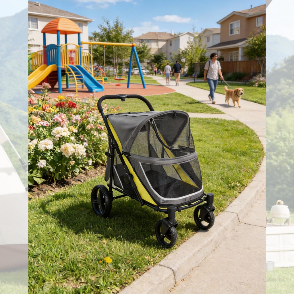 Garvee Dog Stroller for Large and Medium Dogs, Easy-Fold Dual Entry Pet Wagon with One-Foot Brake, All-Terrain Cart with Air Mesh, Holds Pets Up to 176 Lbs