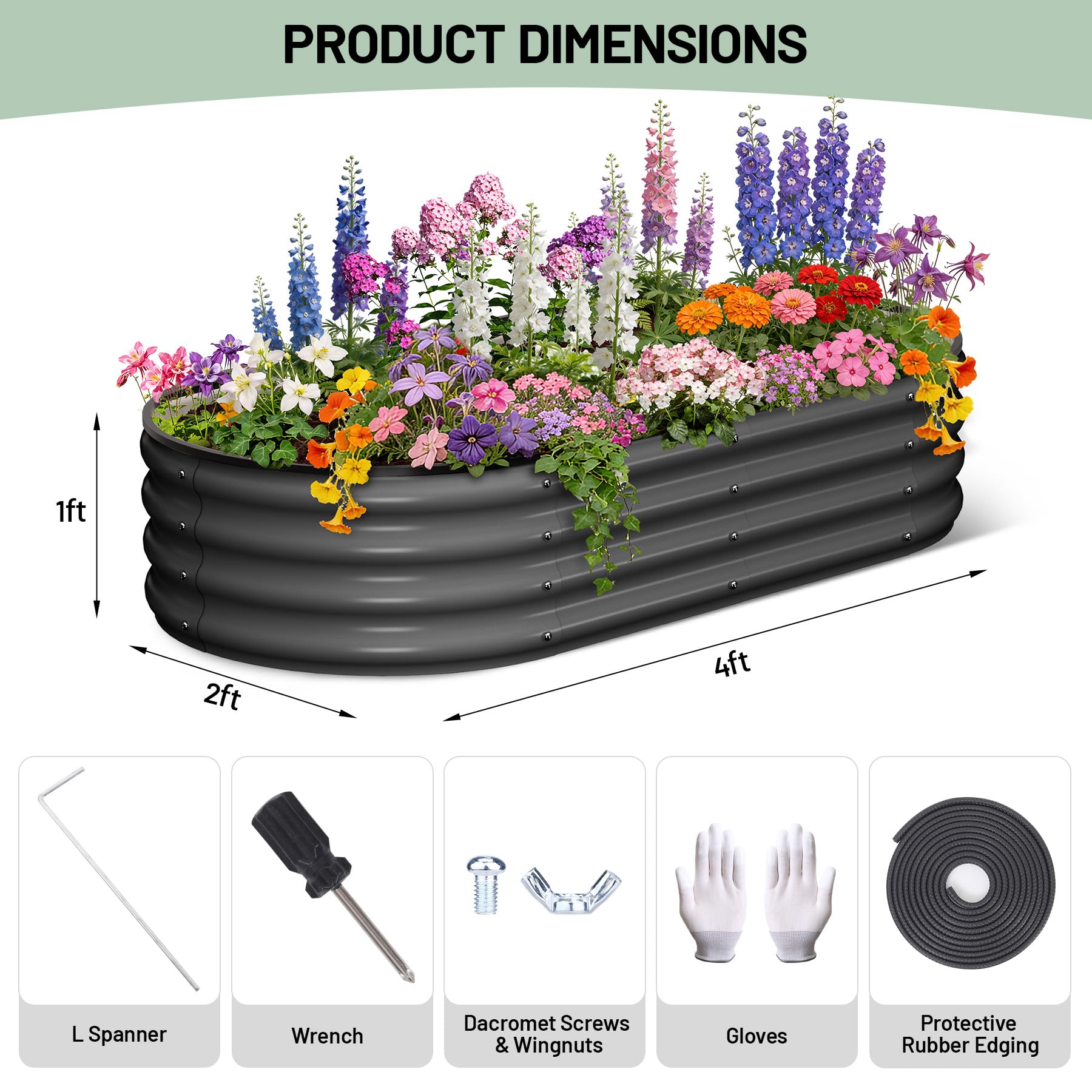 Garvee Raised Garden Beds, 2 Pack 4 x 2 x 1 ft Oval Galvanized Metal Planter Boxes with 0.5 mm Steel, Open Bottom & Rubber Edging for Vegetables, Herbs & Flowers, Dark Gray