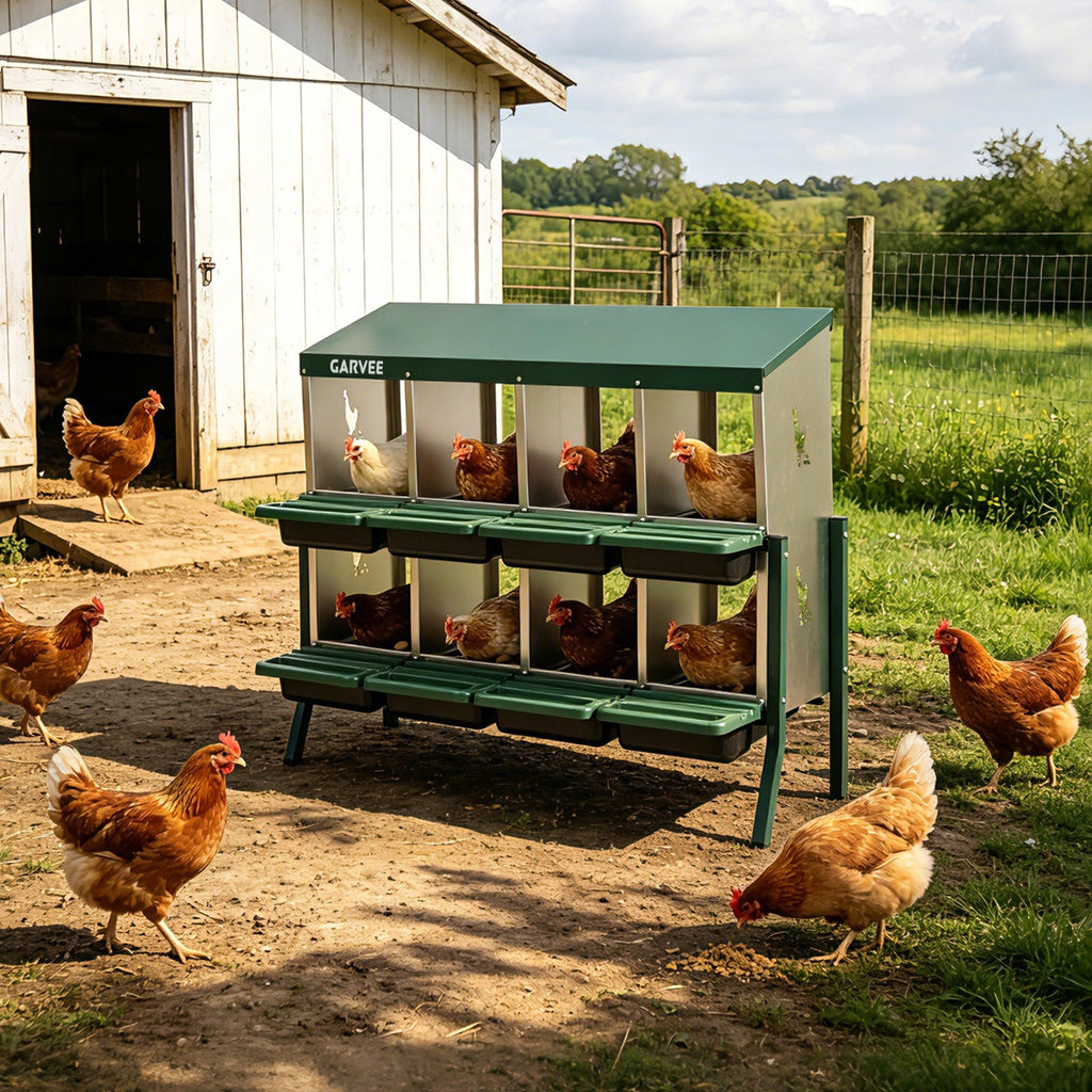 Garvee 8 Compartment Metal Chicken Nesting Box – Galvanized, Ventilated, Roll Away Egg Collection, Removable Tray, Perch, Easy Clean for Hens, Ducks, Geese – Green with Chicken Design – Size: 8 Compartments, Color: Green (Side Chicken Design)