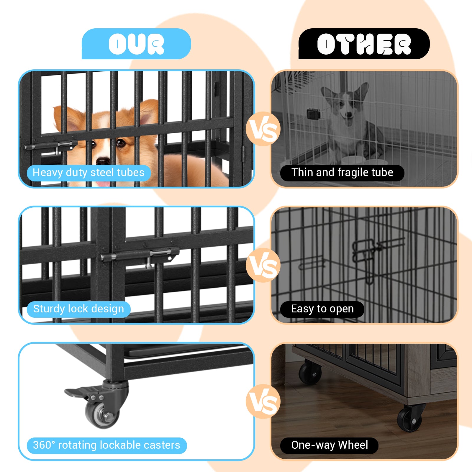 Garvee Heavy Duty Metal Dog Crate – Secure Indestructible Kennel for Small, Medium, Large Dogs, Double Doors, 360° Lockable Wheels, Removable Tray, Easy Assembly, Indoor/Outdoor Use, Size: 48.5inch