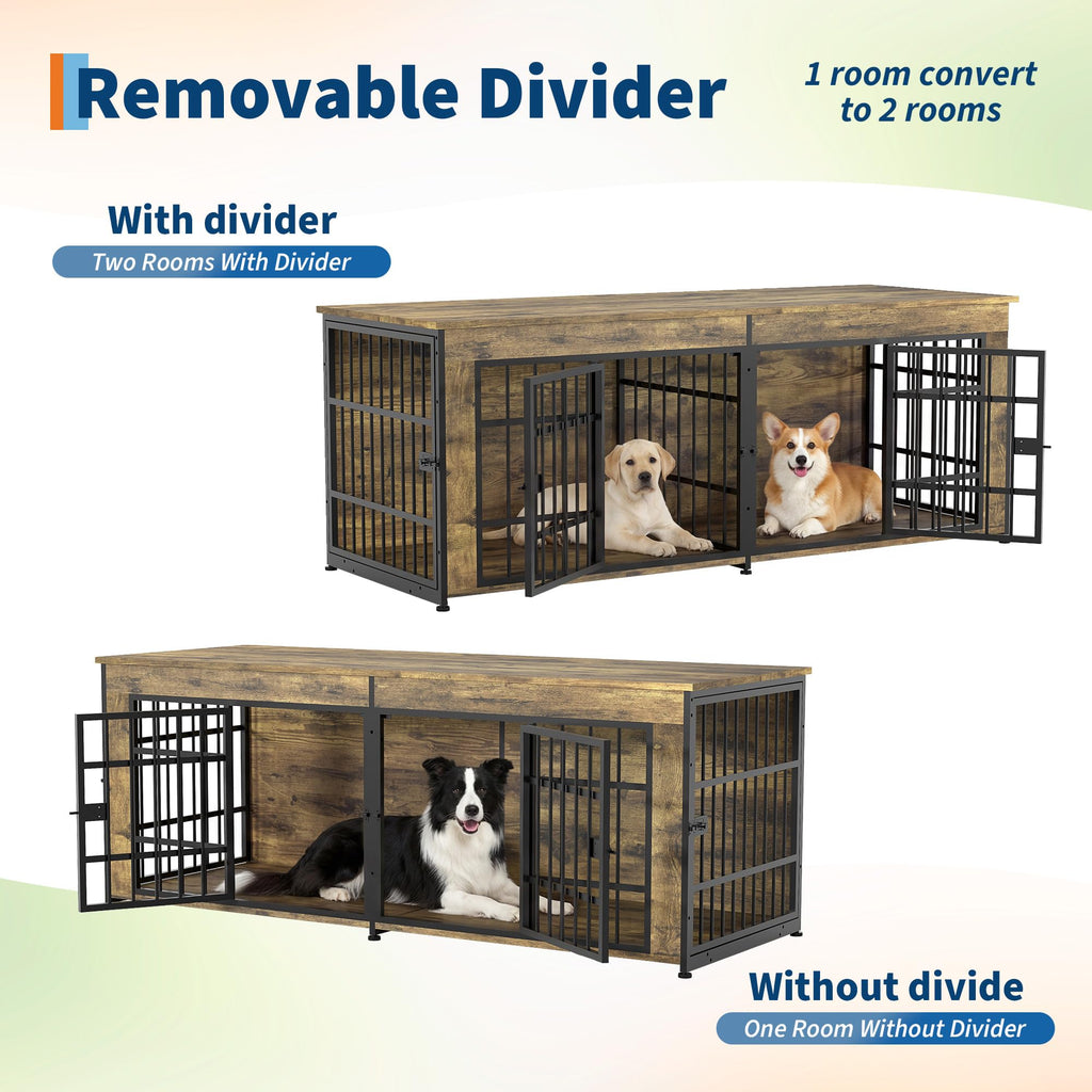 Garvee Double Dog Crate Furniture with Divider – Heavy Duty Wooden Indoor Kennel End Table – 3-in-1 Pet House for Large/Medium Dogs – Metal Doors, Adjustable Feet, Easy Assembly – Tiger Wood