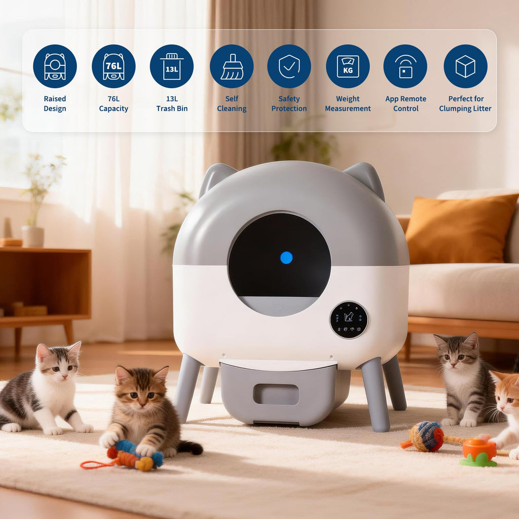 Garvee Automatic Self Cleaning Litter Box, 76L Capacity Extra Large Automatic Cat Litter Box for Multiple Cats, Smart Safety Sensors, App Control, Low Noise, Washable Tray & Trash Bag, Gray