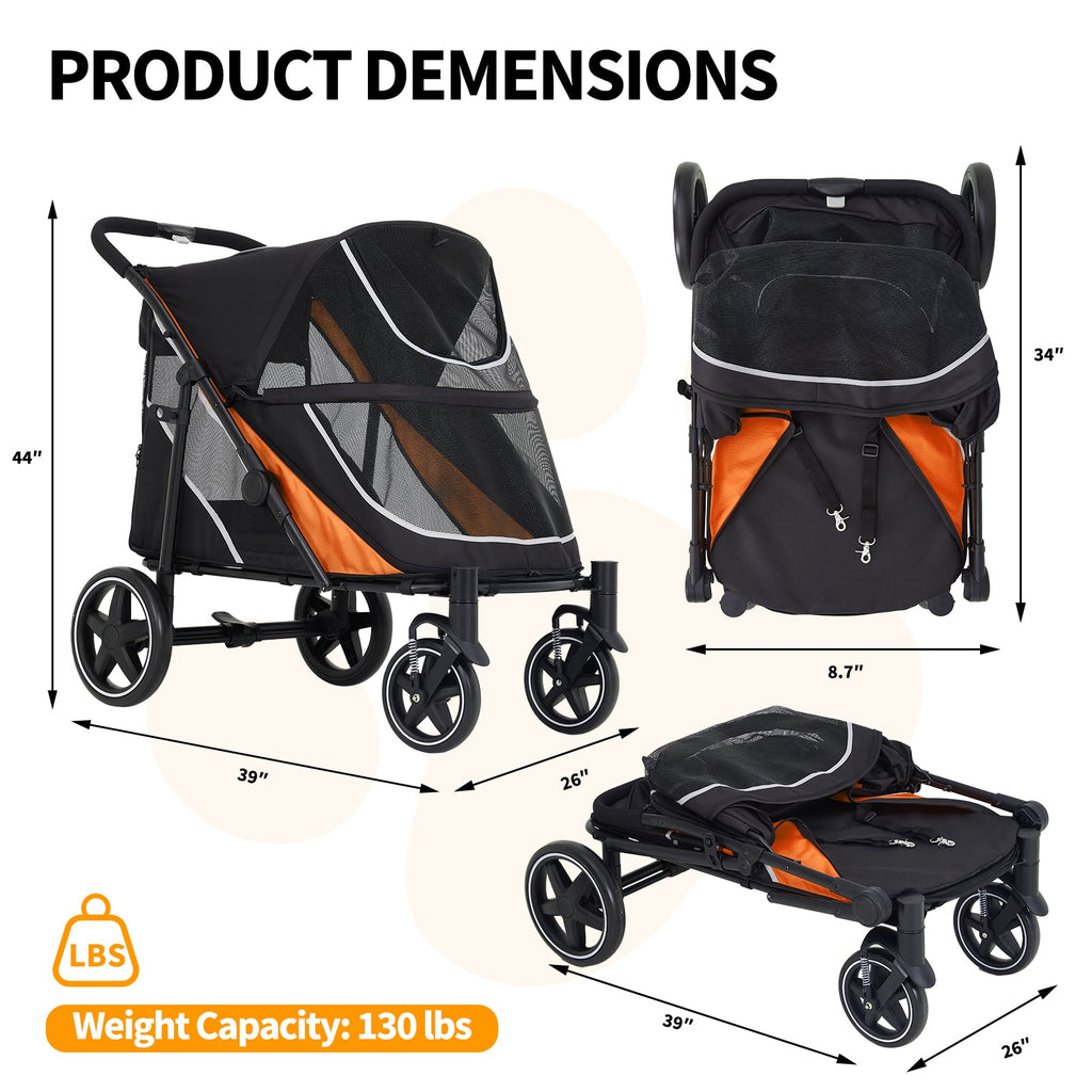Garvee Large Dog Stroller for Large Dogs 88 lbs, One-Step Fold Pet Stroller with 11" All-Terrain Wheels, 360° Rotatable Front Wheels & Brakes, Heavy Duty, Dual Entry Doors for Senior Dogs, Orange