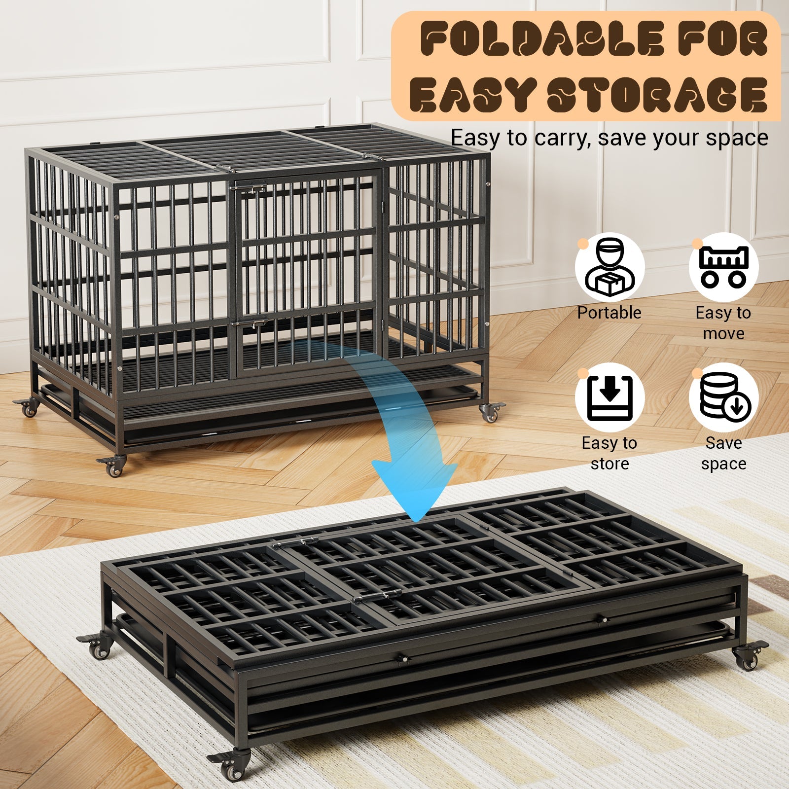 Garvee Heavy Duty Metal Dog Crate – Secure Indestructible Kennel for Small, Medium, Large Dogs, Double Doors, 360° Lockable Wheels, Removable Tray, Easy Assembly, Indoor/Outdoor Use, Size: 48.5inch