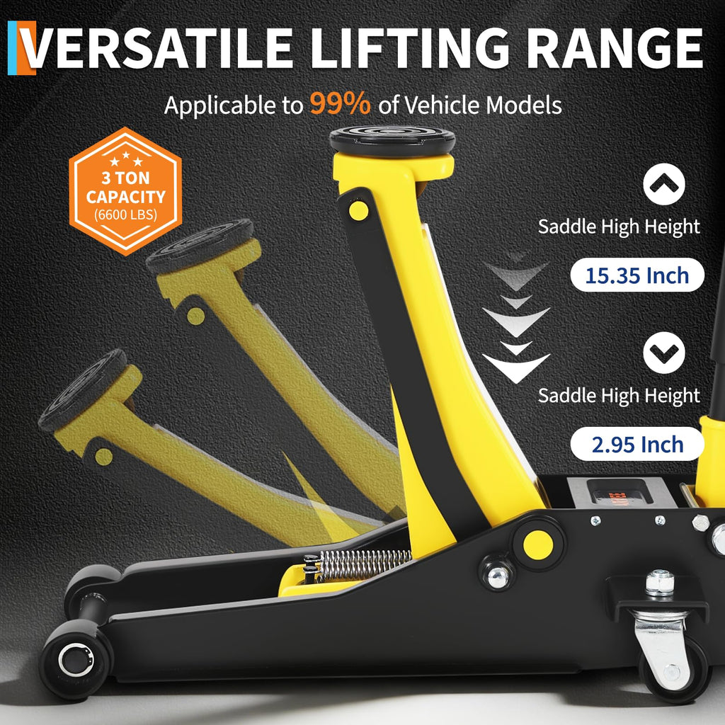 Garvee 3 Ton (6000lbs) Hydraulic Floor Jack - Low Profile Dual Piston Quick Lift - Heavy Duty Steel, Trolley Design - 2.95-15.35 in Lifting Range - For Car, SUV, Truck - Yellow + Black