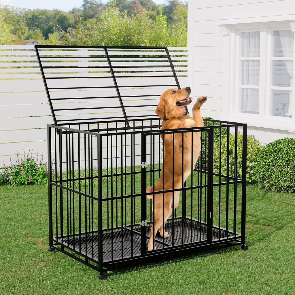 Garvee 48 Inch Dog Crate for Large Sized Dogs, Heavy Duty Stainless Steel Indoor Kennel Escape-Proof with Wheels and Removable Tray, Indestructible Dog Cage Stackable for High Anxiety Dogs
