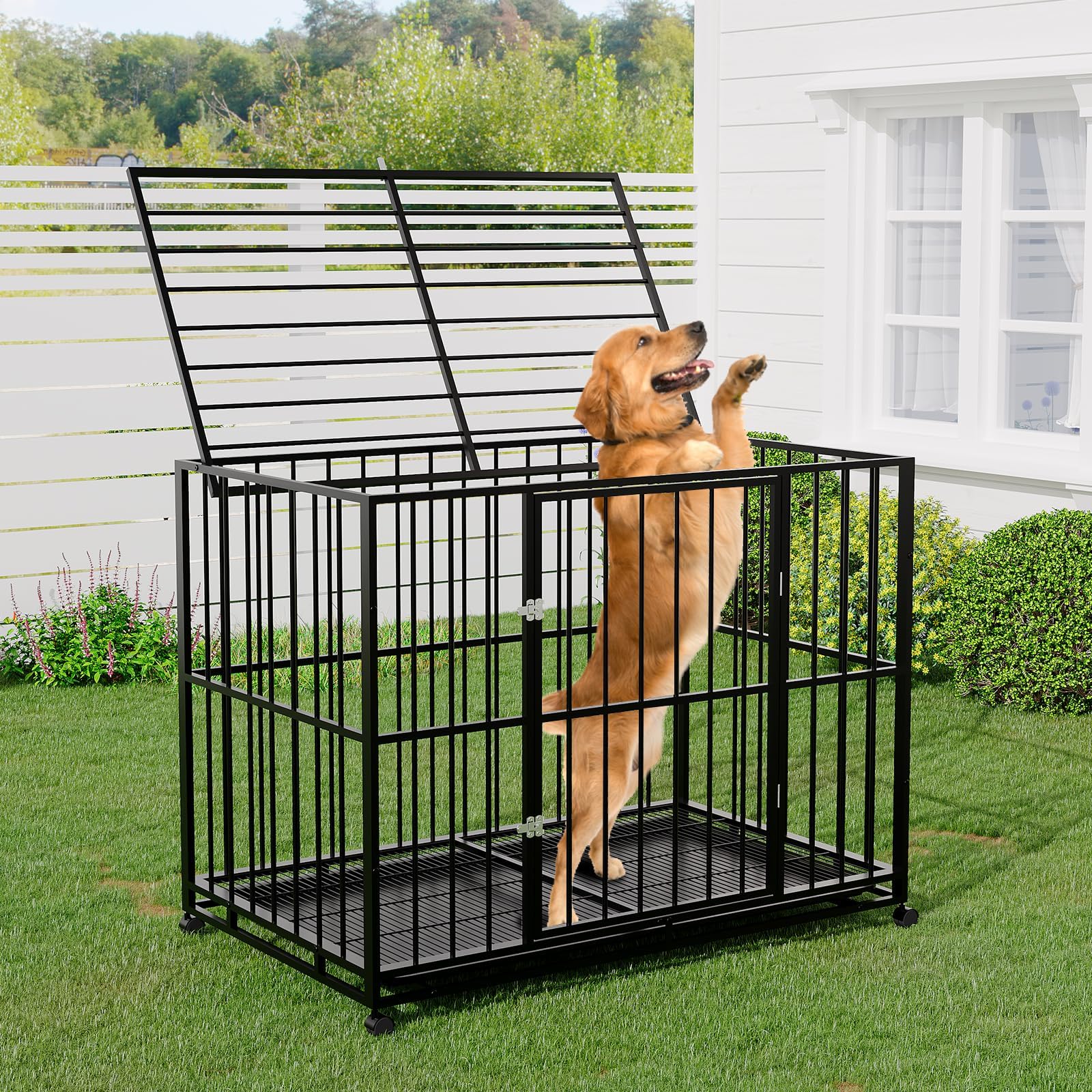 Garvee 48 Inch Dog Crate for Large Sized Dogs, Heavy Duty Stainless Steel Indoor Kennel Escape-Proof with Wheels and Removable Tray, Indestructible Dog Cage Stackable for High Anxiety Dogs