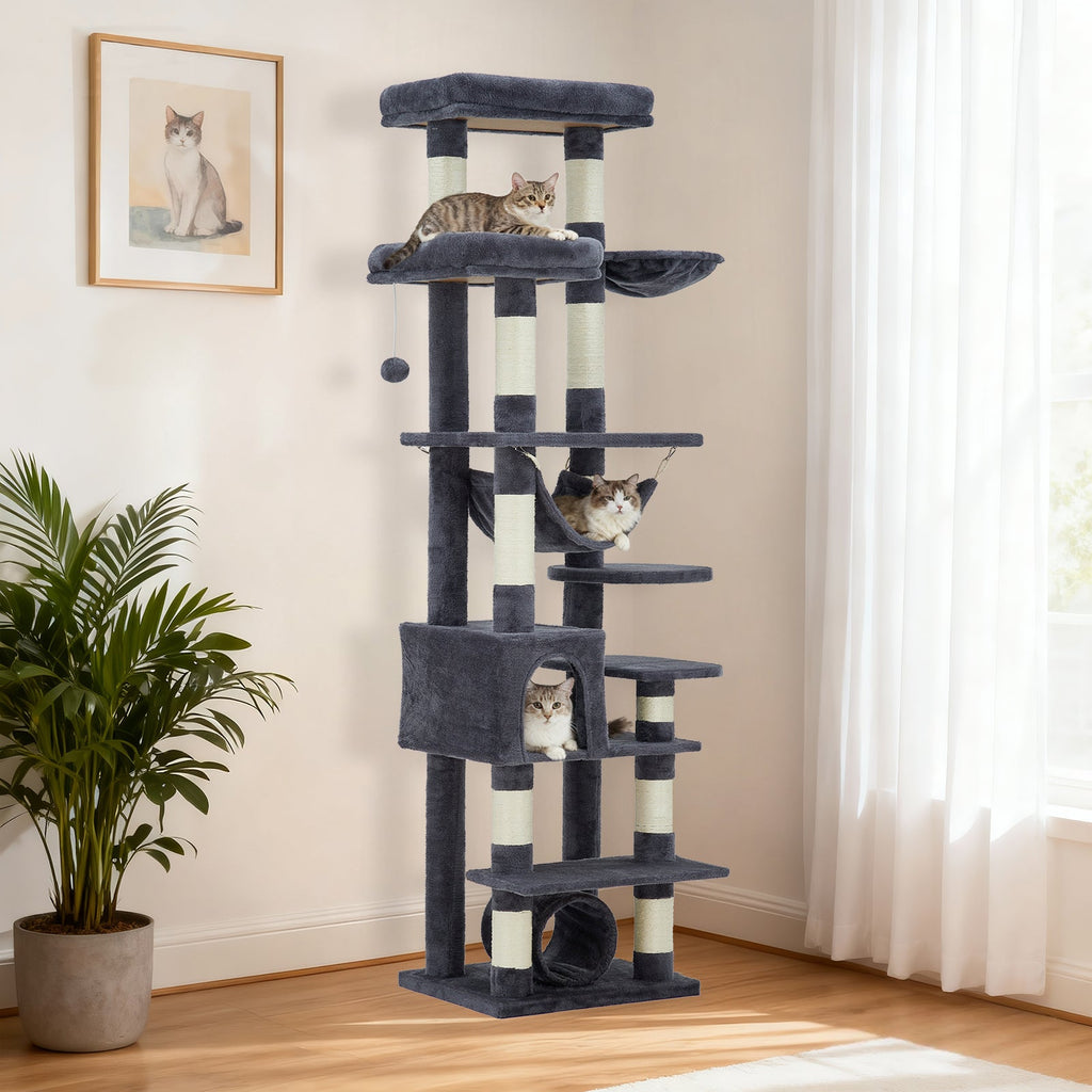 Garvee Multi-Level Cat Tree with Condo, 74" Tall Cat Tower with 11 Scratching Posts, Hammock, Tunnel, Large Top Perches & Anti-tip Kit, Indoor Cat Furniture for Large Cats, Dark Gray