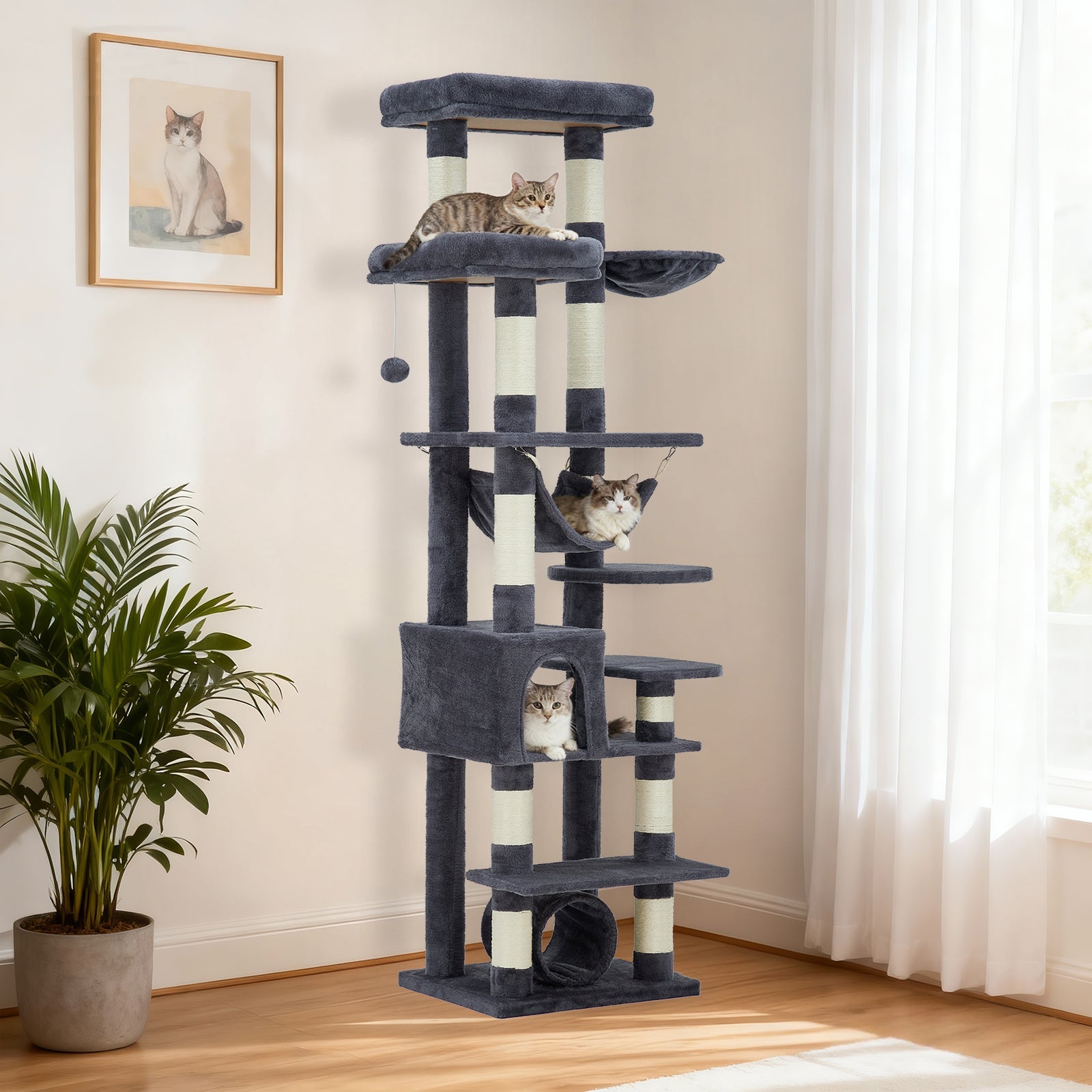 Garvee Multi-Level Cat Tree with Condo, 74" Tall Cat Tower with 11 Scratching Posts, Hammock, Tunnel, Large Top Perches & Anti-tip Kit, Indoor Cat Furniture for Large Cats, Dark Gray