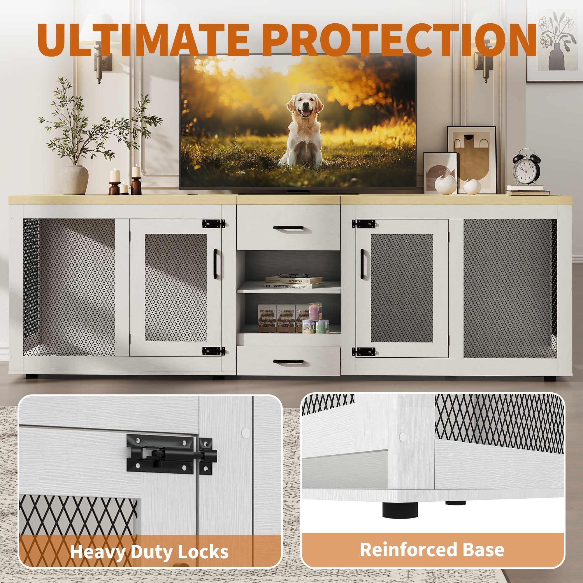 Garvee 90 Inch Large Dog Crate Furniture, Double Dog Crate with Feeding Station & Storage, Heavy Duty Dog Kennel Furniture for 2 Dogs