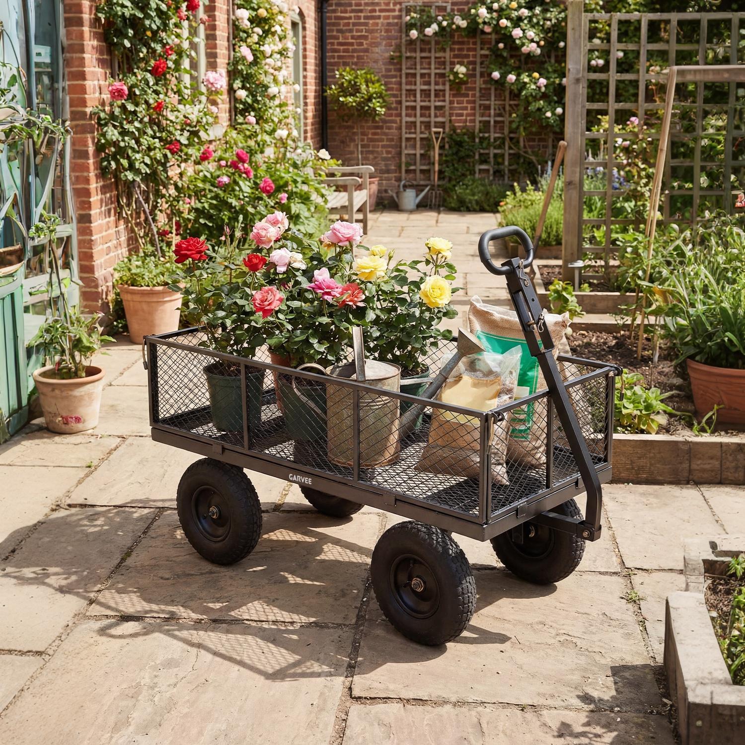 Garvee 1000LBS Heavy Duty Steel Garden Cart Wagon with 13" Pneumatic Tires, Removable Mesh Sides & Rotating Handle, Outdoor Utility Wagon for Garden, Lawn, Yard & Farm, Gray