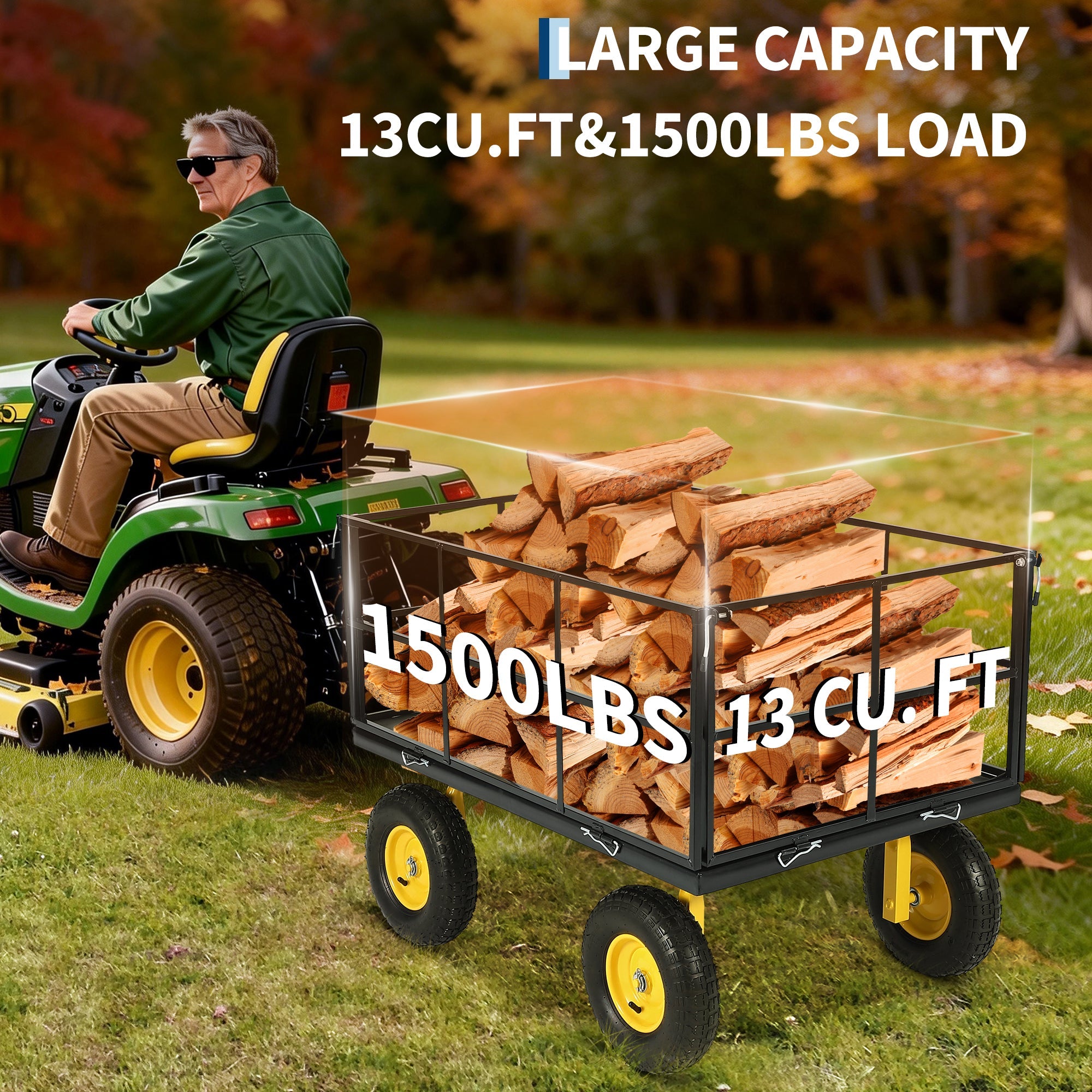 Garvee Heavy Duty 1500 lbs Steel Garden Cart – 3-in-1 Outdoor Utility Wagon with Removable Mesh Sides, 13" All-Terrain Wheels, 180° Rotating Handle – Lawn, Garden, Plant & Tool Transport – 13-inch wheels, yellow rims + black frame + yellow handlebars