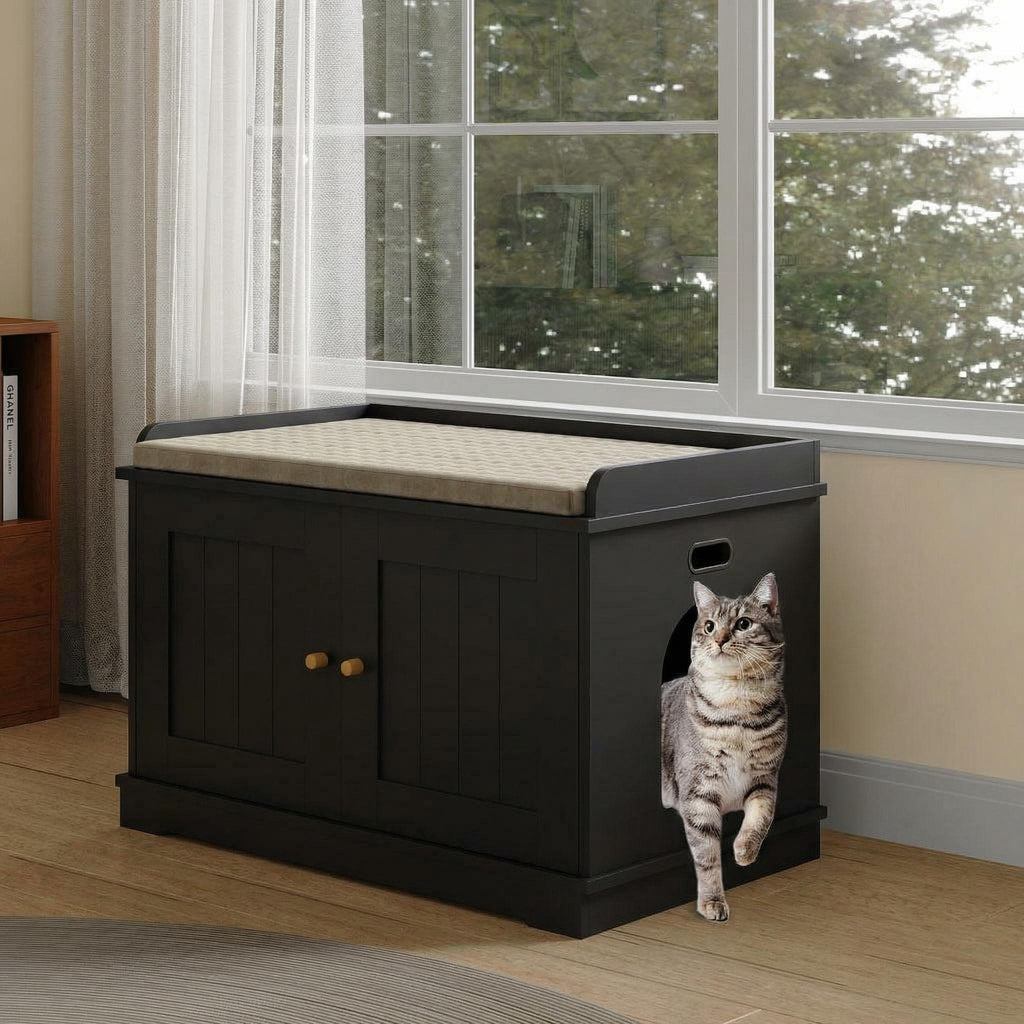 Garvee 31.5" Cat Litter Box Furniture, 2 Doors Cat Litter Box Enclosure for Most Cats, Hidden Cat Cabinet for Living Room Hallway, Smooth Surface & Quick Clean-Up, Black