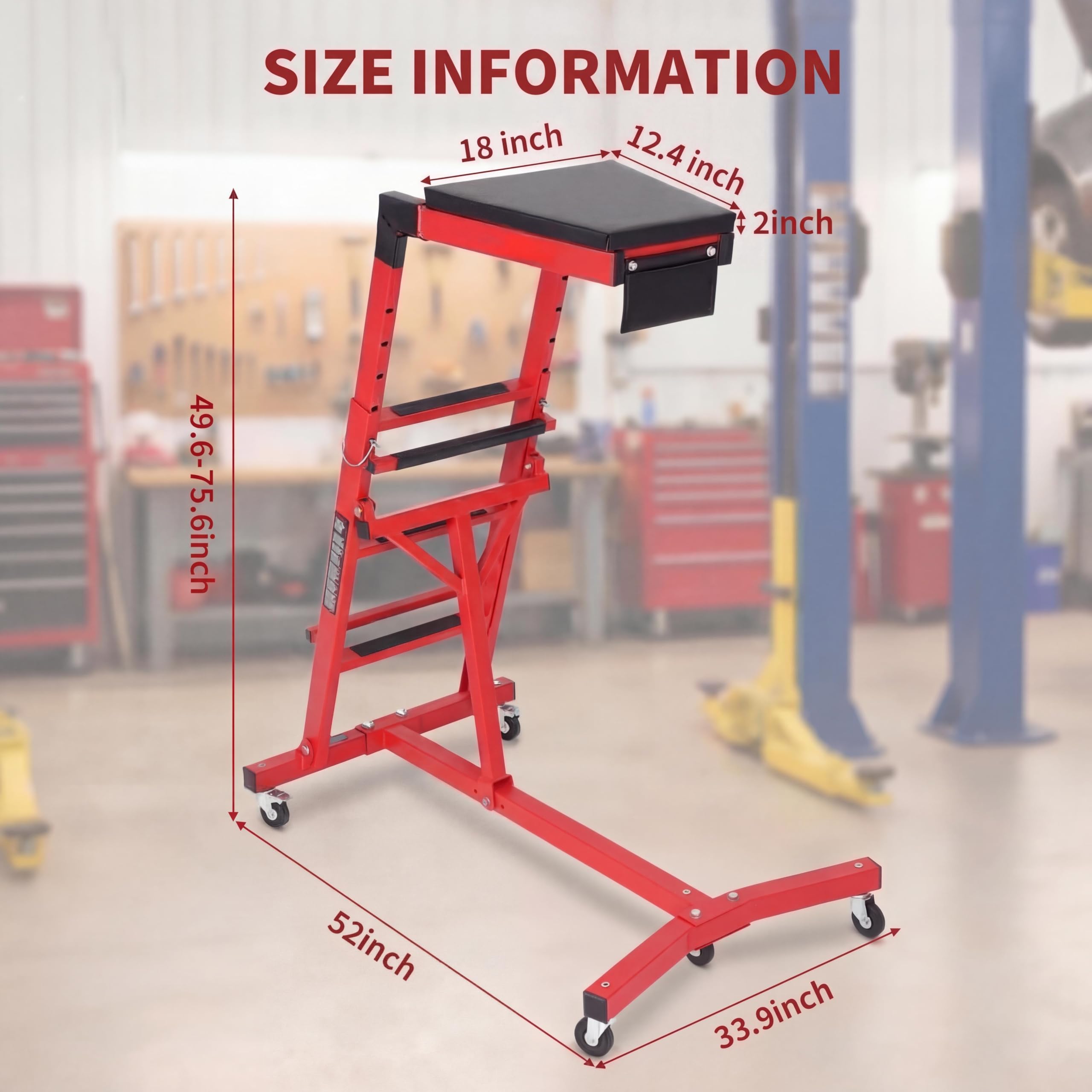 Garvee Topside Automotive Creeper for Trucks 49-76" Adjustable Height Heavy Duty 400 LBS Steel Foldable with Cushioned Pad & Lockable Casters for Garage Use, Red
