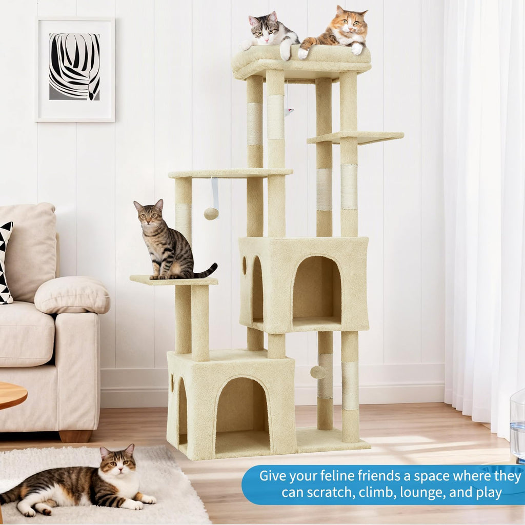 Garvee 61" Multi-Level Cat Tree for Indoor Cats, Heavy-Duty Tower for Large Adult & Maine Coon Cats with Oversized Perch, Dual Condos, Natural Sisal Scratching Posts & Play Toys – Beige