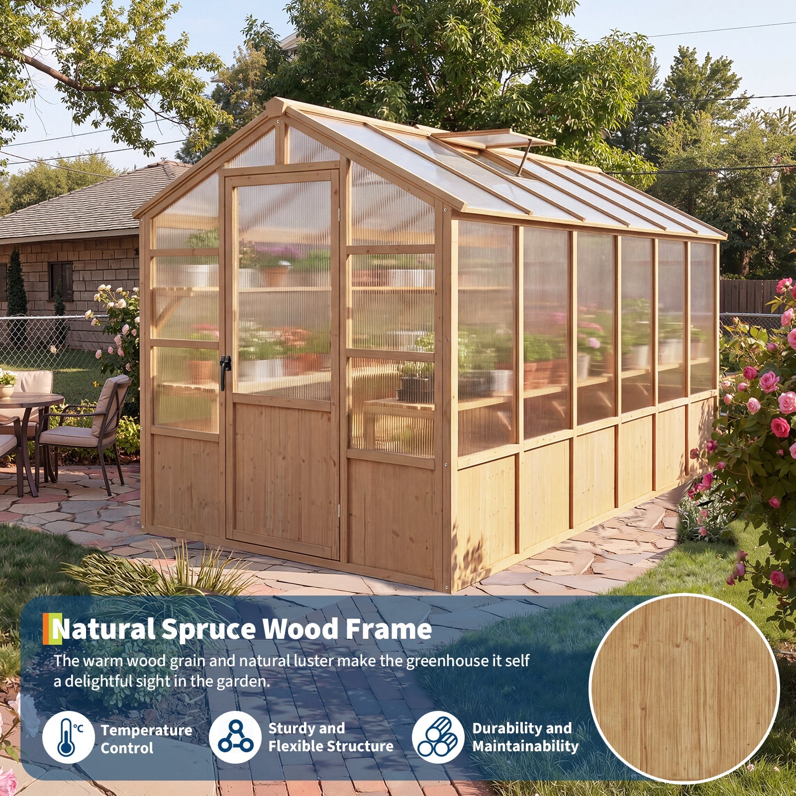 Garvee 6' x 12' Wooden Walk-In Greenhouse Kit, Outdoor Green House with Natural Spruce Wood Frame, Polycarbonate Panels, Ventilated Windows & Lockable Door for Garden, Backyard, Patio & Lawn