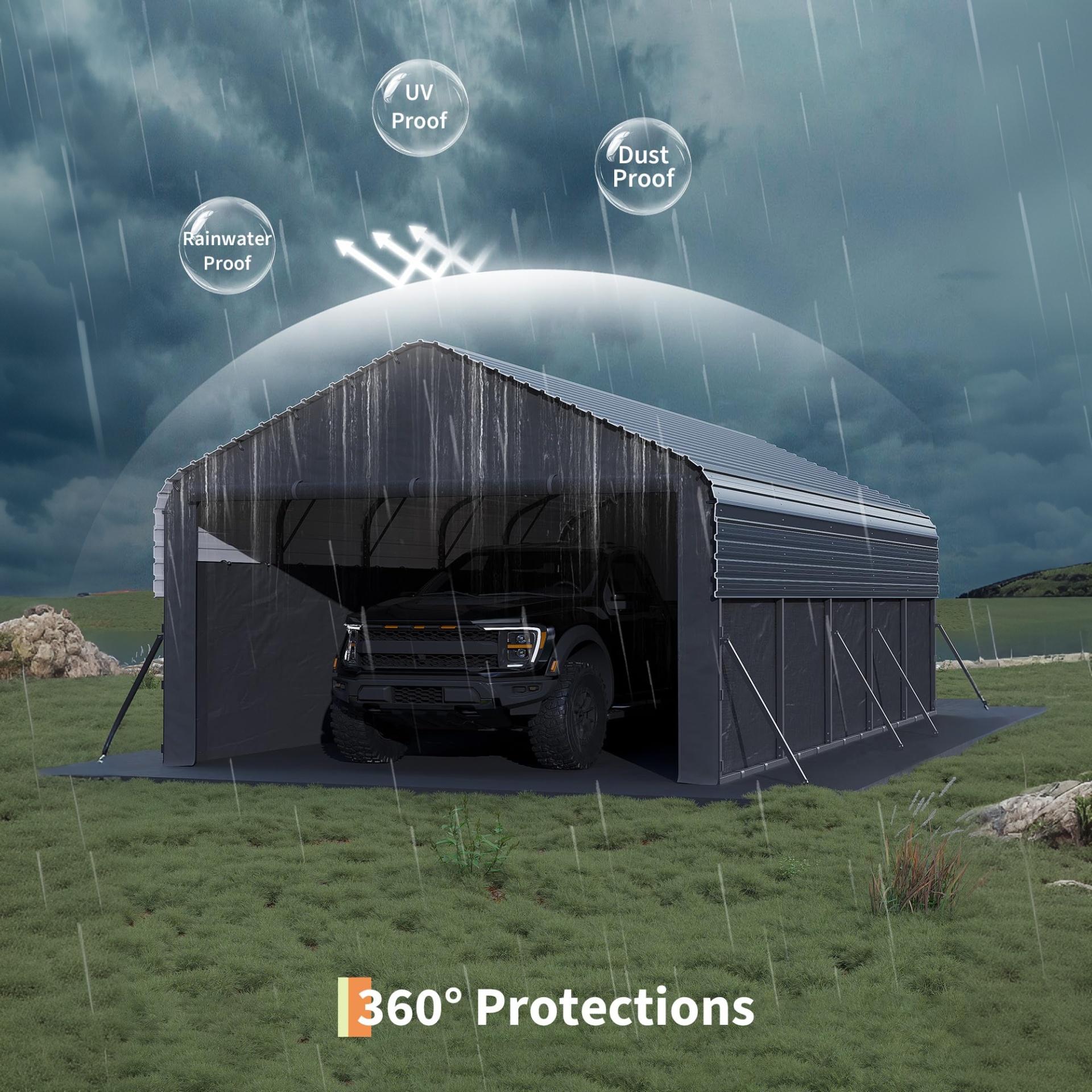 Garvee Enclosed Metal Carport 12×24 ft, 220g PE Tarp, 1.6" 19-Gauge Steel Frame with Roll-Up Doors for Trucks Boats Tractors