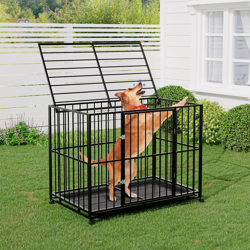 Garvee 42 Inch Dog Crate for Medium Sized Dogs, Heavy Duty Stainless Steel Dog Kennel Escape-Proof with Wheels and Removable Tray, Indestructible Dog Cage Stackable for High Anxiety Dogs