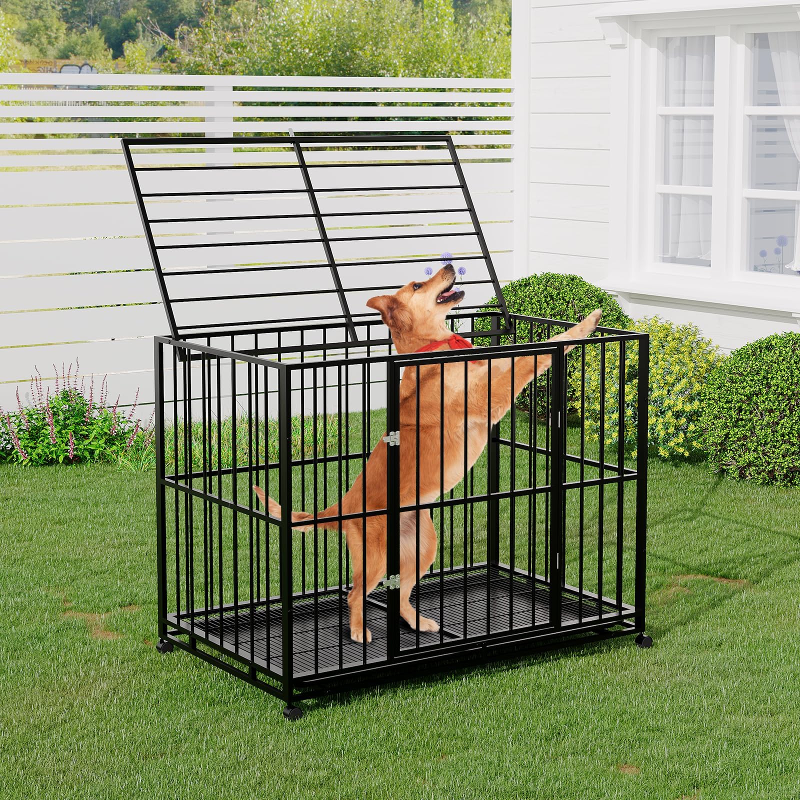 Garvee 42 Inch Dog Crate for Medium Sized Dogs, Heavy Duty Stainless Steel Dog Kennel Escape-Proof with Wheels and Removable Tray, Indestructible Dog Cage Stackable for High Anxiety Dogs
