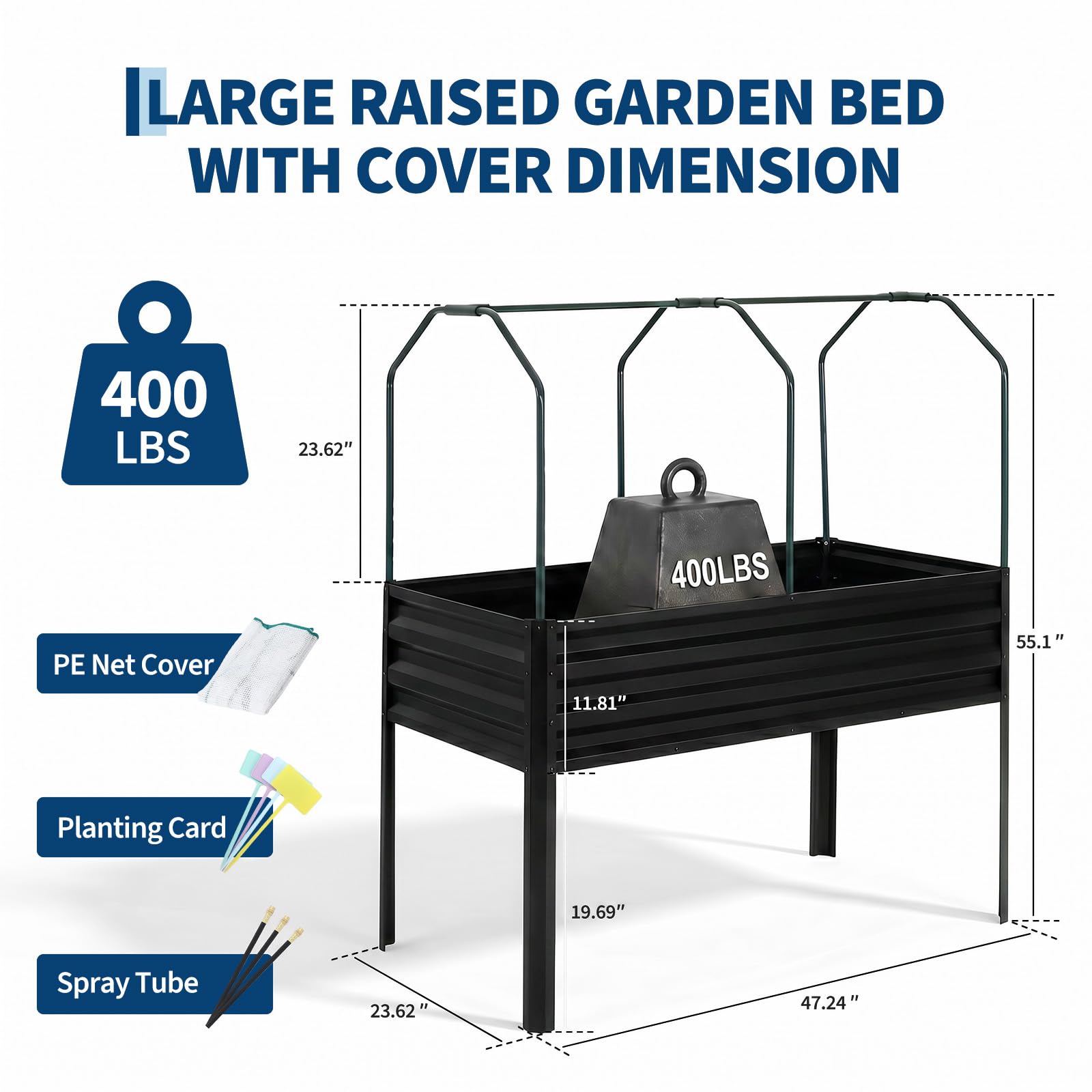 Garvee Elevated Raised Garden Bed, 48 x 24 x 56-Inch Galvanized Metal Planter with Greenhouse Cover, Bird Net and 4 Plant Signs for Patio Gardening, Black