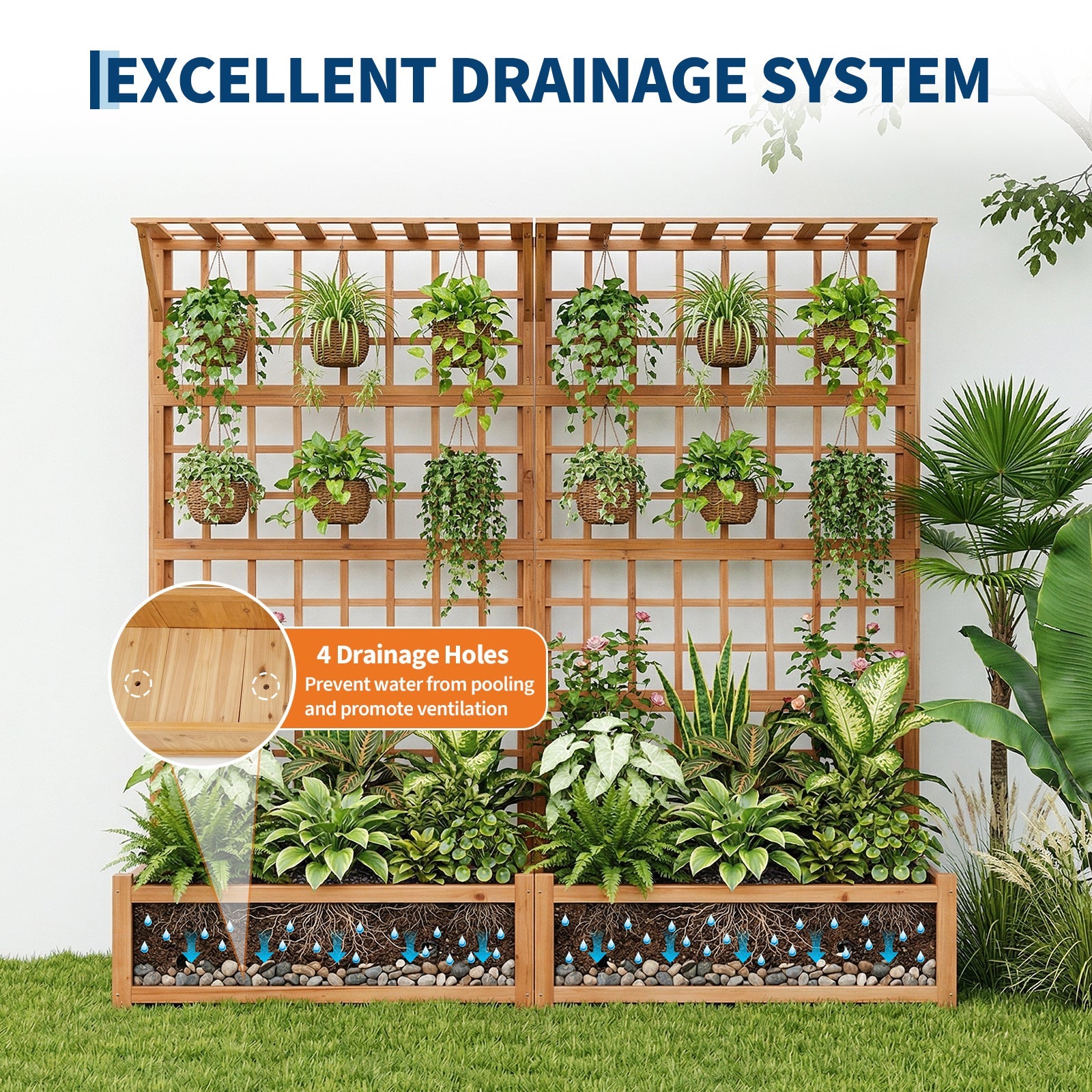 Garvee 71" Raised Garden Bed with Trellis, Fir Wood Planter Box with Hanging Roof & Drainage for Climbing Vines